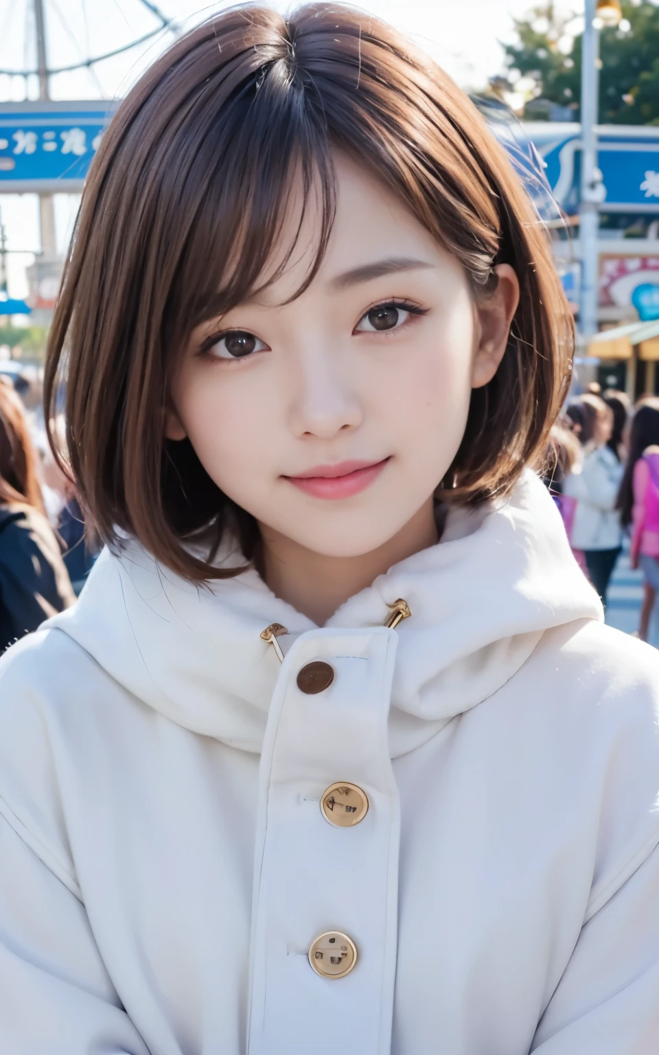 cute 21 year old japanese、amusement park、Clear skies、Light of the sun、Ferris wheel、super detail face、pay attention to details、double eyelid、beautiful thin nose、sharp focus:1.2、Beautiful woman:1.4、(light brown hair,short hair、),pure white skin、highest quality、masterpiece、ultra high resolution、(Photoreal:1.4)、Highly detailed and professional lighting、nice smile、Show the whole body、Cute winter clothes、