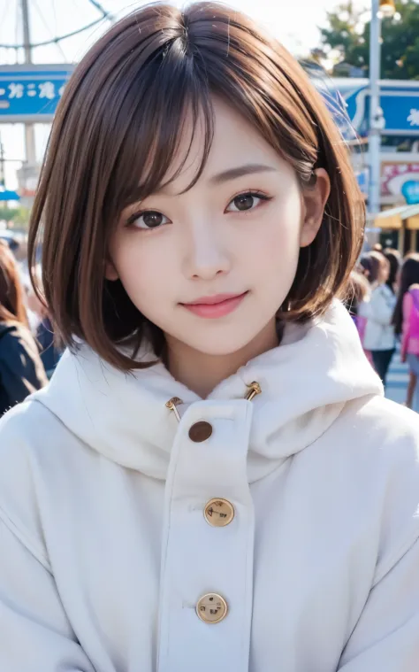 cute 21 year old japanese、amusement park、Clear skies、Light of the sun、Ferris wheel、super detail face、pay attention to details、double eyelid、beautiful thin nose、sharp focus:1.2、Beautiful woman:1.4、(light brown hair,short hair、),pure white skin、highest quali...