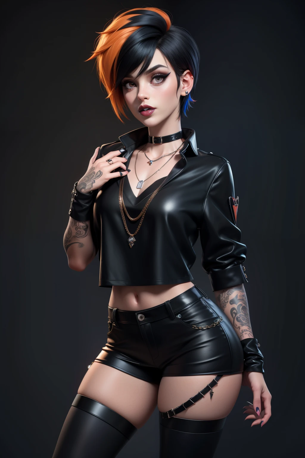 masterpiece, best quality,3d rending work ,3DMM style, pro photography, 3D,1girl, solo, multicolored hair, orange hair, black hair, necklace, freckles, jewelry, two-tone hair, looking to the side, lustful look, realistic, full body, simple background, bangs, looking away, short hair, parted lips, black eyes, lips, gothic, choker, makeup, mole, black shirt, shirt, watermark, fashion dressed, post punk, dark wave