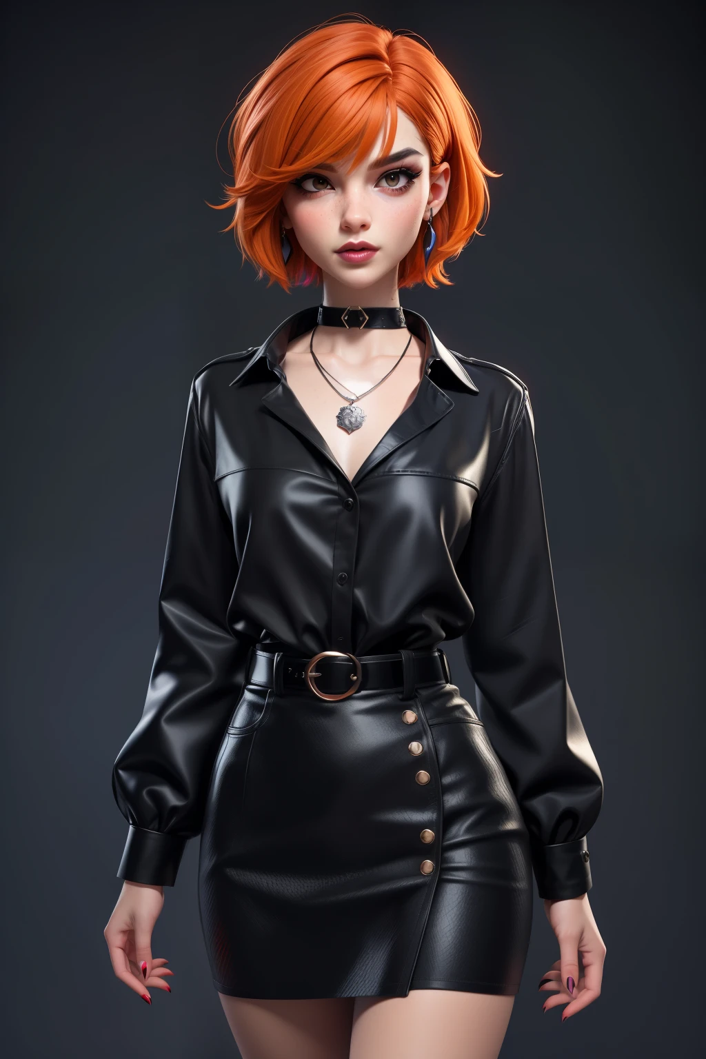 masterpiece, best quality,3d rending work ,3DMM style, pro photography, 3D,1girl, solo, multicolored hair, orange hair, black hair, necklace, freckles, jewelry, two-tone hair, looking to the side, lustful look, realistic, full body, simple background, bangs, looking away, short hair, parted lips, black eyes, lips, gothic, choker, makeup, mole, black shirt, shirt, watermark, fashion dressed, post punk, dark wave