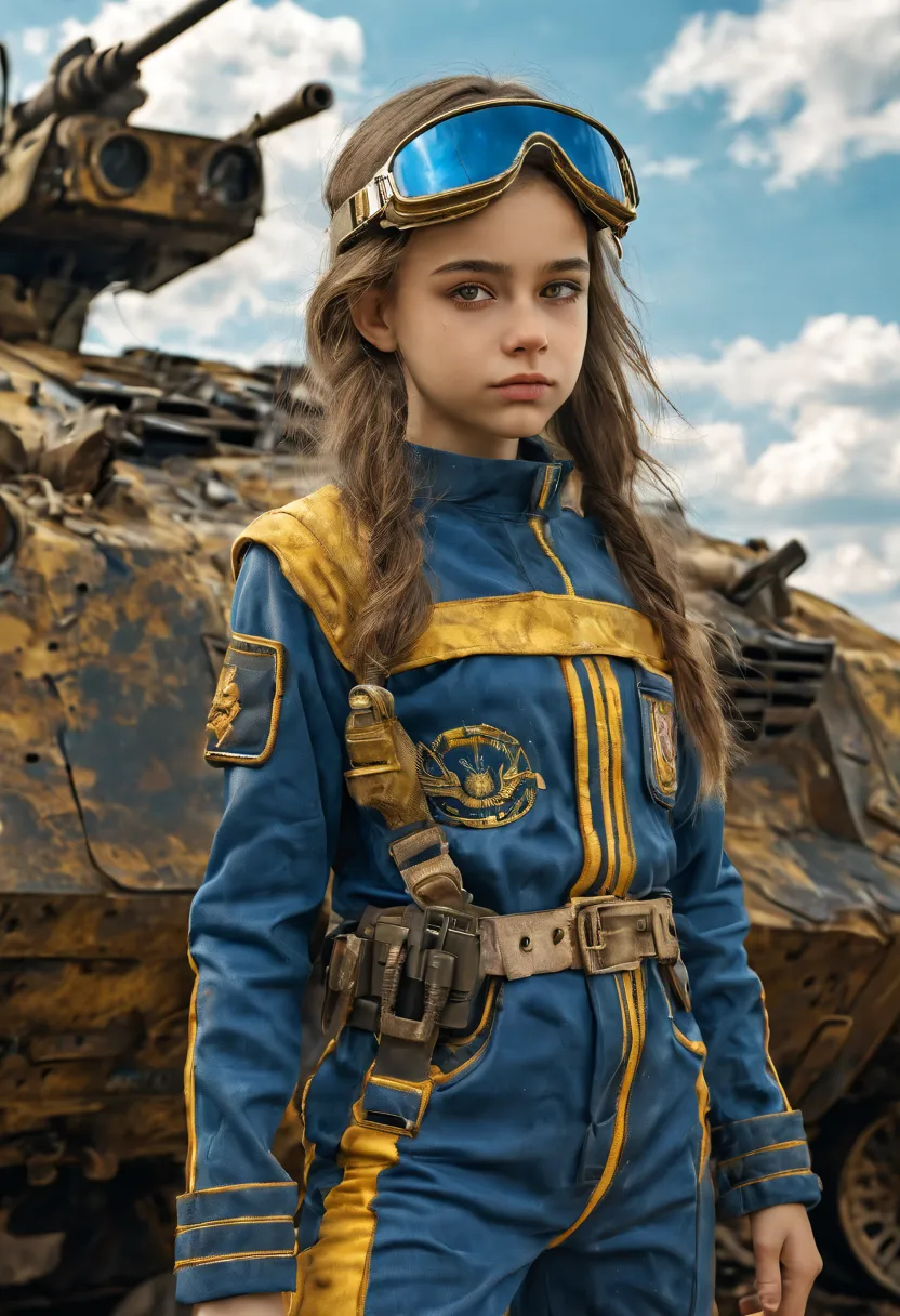 1 girl, 13 year old perfect likeness of dasha teran sdxl wearing blue and gold vaultgirl. goggle, clothing torn, girl clothes an...