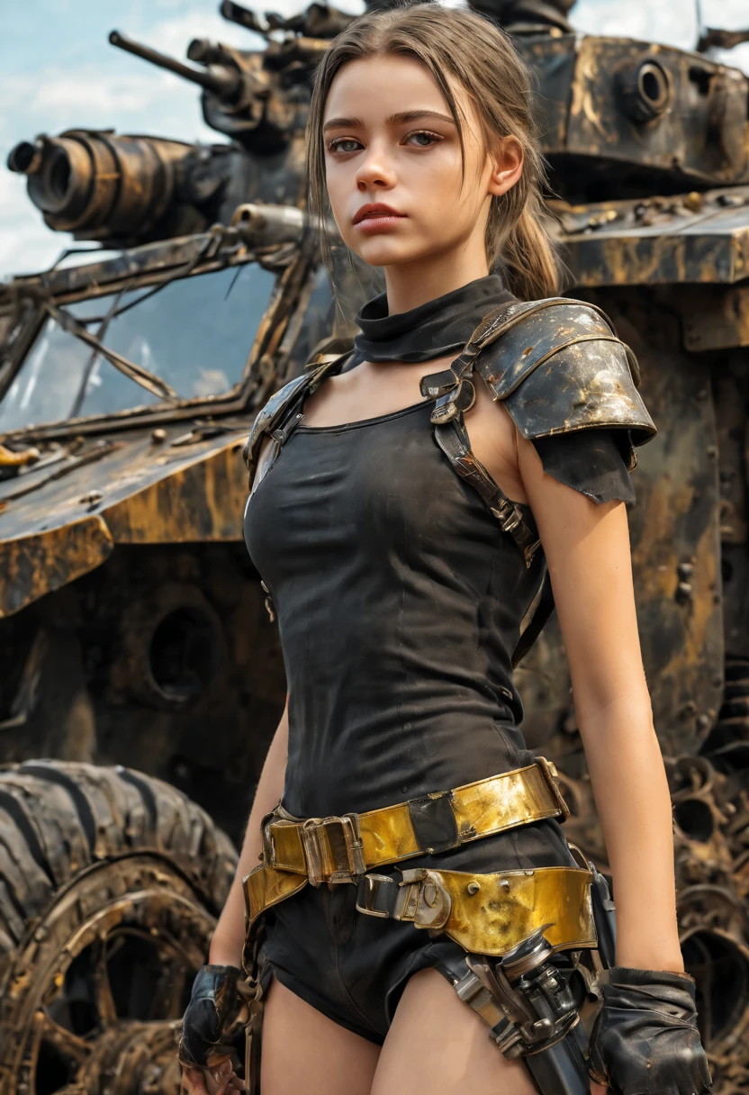 1 girl, 13 year old perfect likeness of Dasha Teran SDXL wearing black and gold vaultgirl. Goggle, clothing torn, girl clothes and faces are dirty from battle. petite and slim, small girl, short girl, fine detailed eyes, weapons slung over shoulders, leaning against a war vehicle, dented and rusty. , professionally color graded, professional photography, well drawn, masterpiece, hyper realistic, ultra detailed, high quality, best quality, 4k, 8k, hi resolution, very young girl, young face, cute, beautiful, ((NSFW、realistic)), 