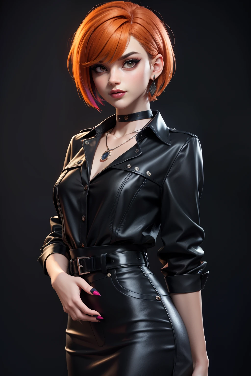 masterpiece, best quality,3d rending work ,3DMM style, pro photography, 3D,1girl, solo, multicolored hair, orange hair, black hair, necklace, freckles, jewelry, two-tone hair, looking to the side, lustful look, realistic, full body, simple background, bangs, looking away, short hair, parted lips, black eyes, lips, gothic, choker, makeup, mole, black shirt, shirt, watermark, fashion dressed, post punk, dark wave