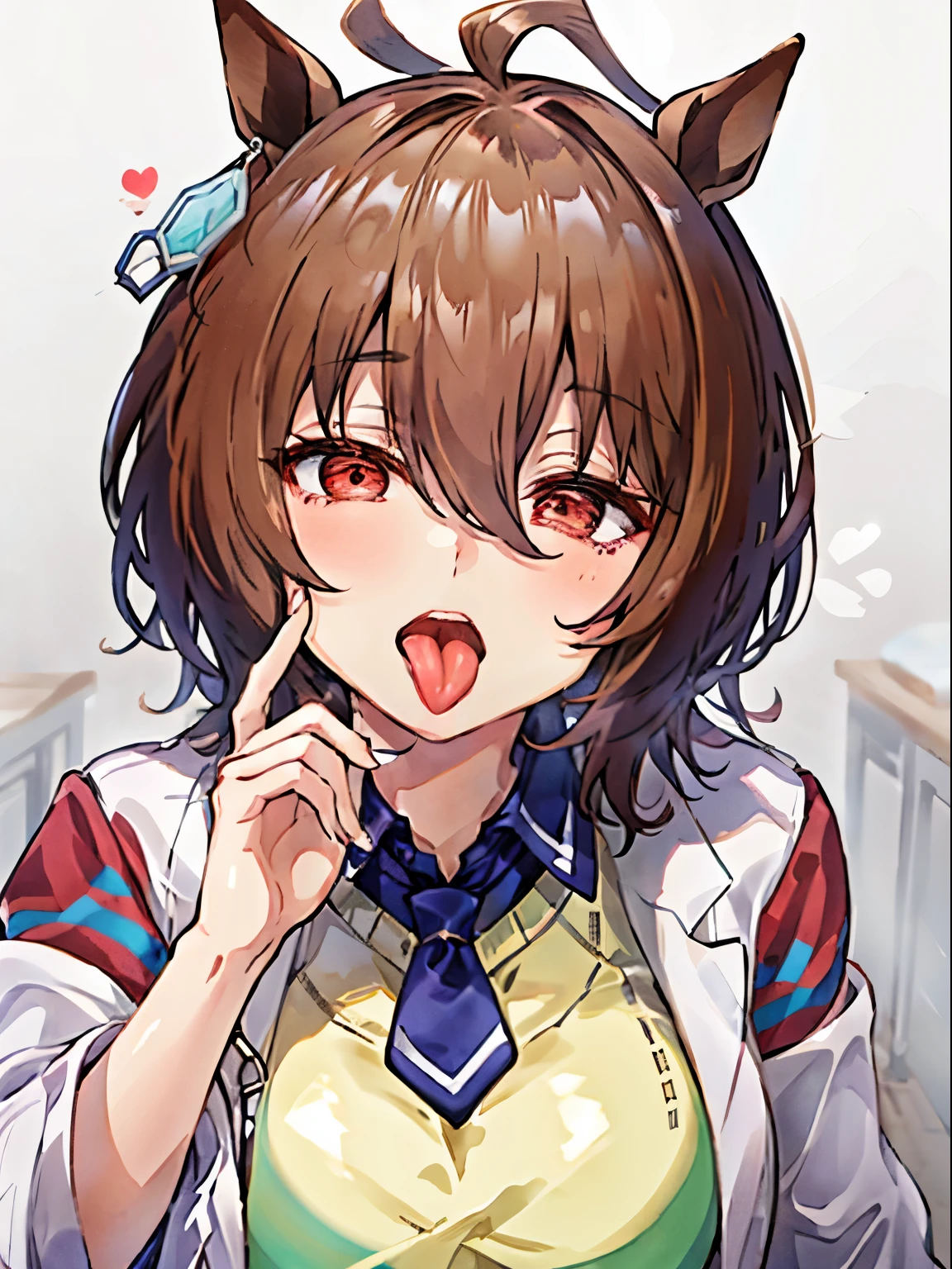 Agnes Tachyon, umamusume, White lab coat and yellow sweater, deep red eyes, tie, (very big breasts:1.2), (in mouth:1.5), (Open your mouth loudly:1,7), (long and cute tongue:1.5), Upper body, refer to, (Implicit:1.4), Hand Sign, throw, from avobe, real photos, 8K, BJ-Face-POV