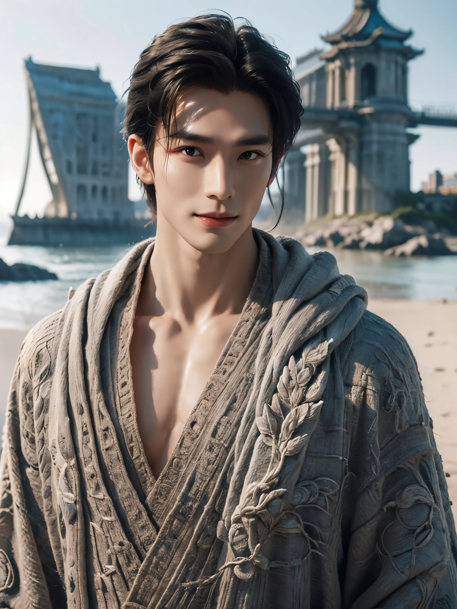 （male character design），（Close-up of smiling handsome Chinese man Pan An&#39;s face），（Pan An wears modern and fashionable men&#39;s black sweater,Suit pants：1.37），Pan An’s skin is fair and flawless，The bridge of his nose is high and straight，(long,Messy shawl hair：1.1），（double eyelids, Bright Eyes, Big clear and bright eyes），sad prince，Food with red lips and white teeth，gentle melancholy，Pan An is tall and tall.，He has a strong physique，Toned muscles，Fresh and toned abs, His exquisite facial features，Kingly style， messy black hair,Wind magic, background：Modern urban street