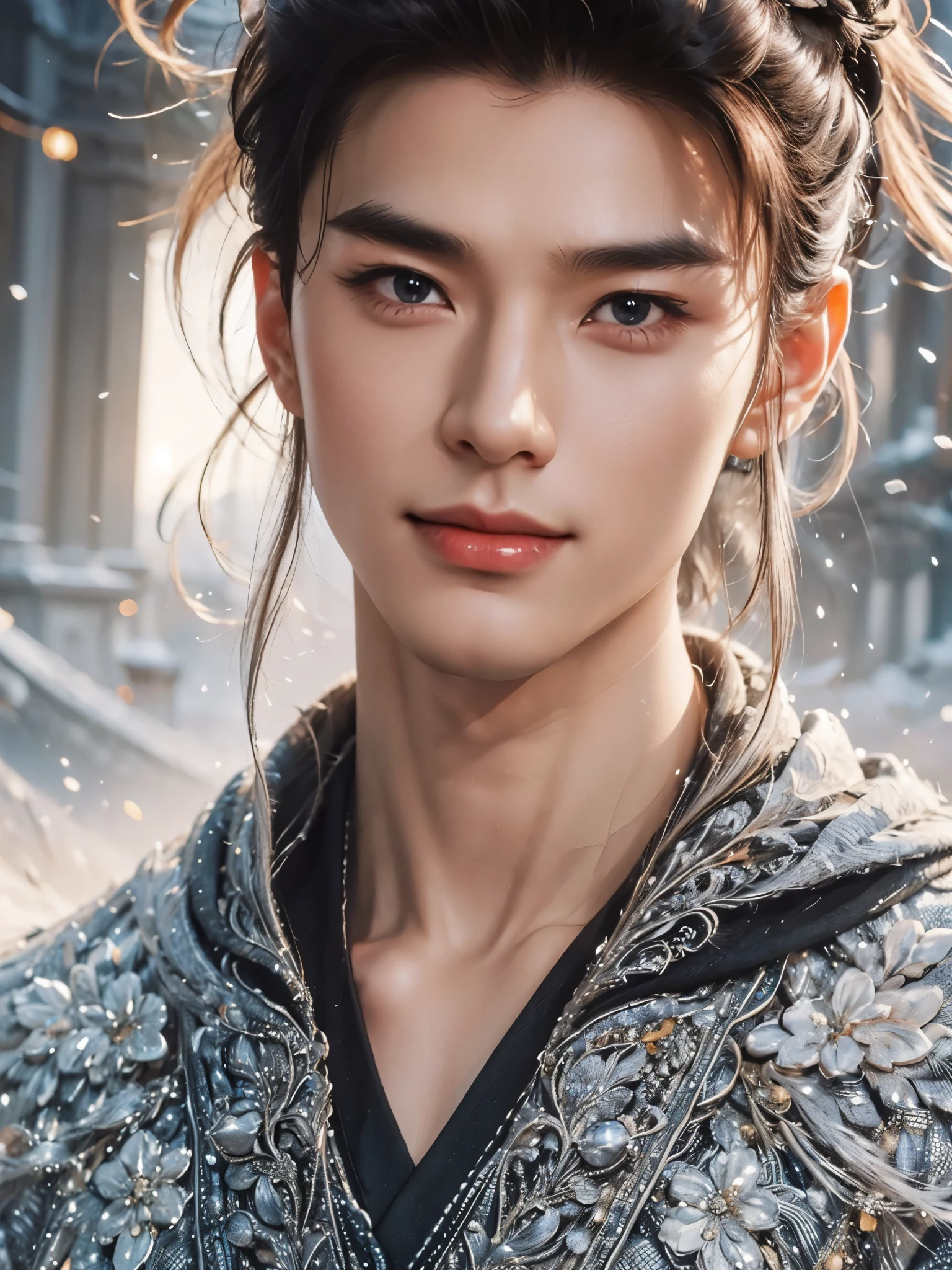 （male character design），（Close-up of smiling handsome Chinese man Pan An&#39;s face），（Pan An wears modern and fashionable men&#39;s black sweater,Suit pants：1.37），Pan An’s skin is fair and flawless，The bridge of his nose is high and straight，(long,Messy shawl hair：1.1），（double eyelids, Bright Eyes, Big clear and bright eyes），sad prince，Food with red lips and white teeth，gentle melancholy，Pan An is tall and tall.，He has a strong physique，Toned muscles，Fresh and toned abs, His exquisite facial features，Kingly style， messy black hair,Wind magic, background：Modern urban street