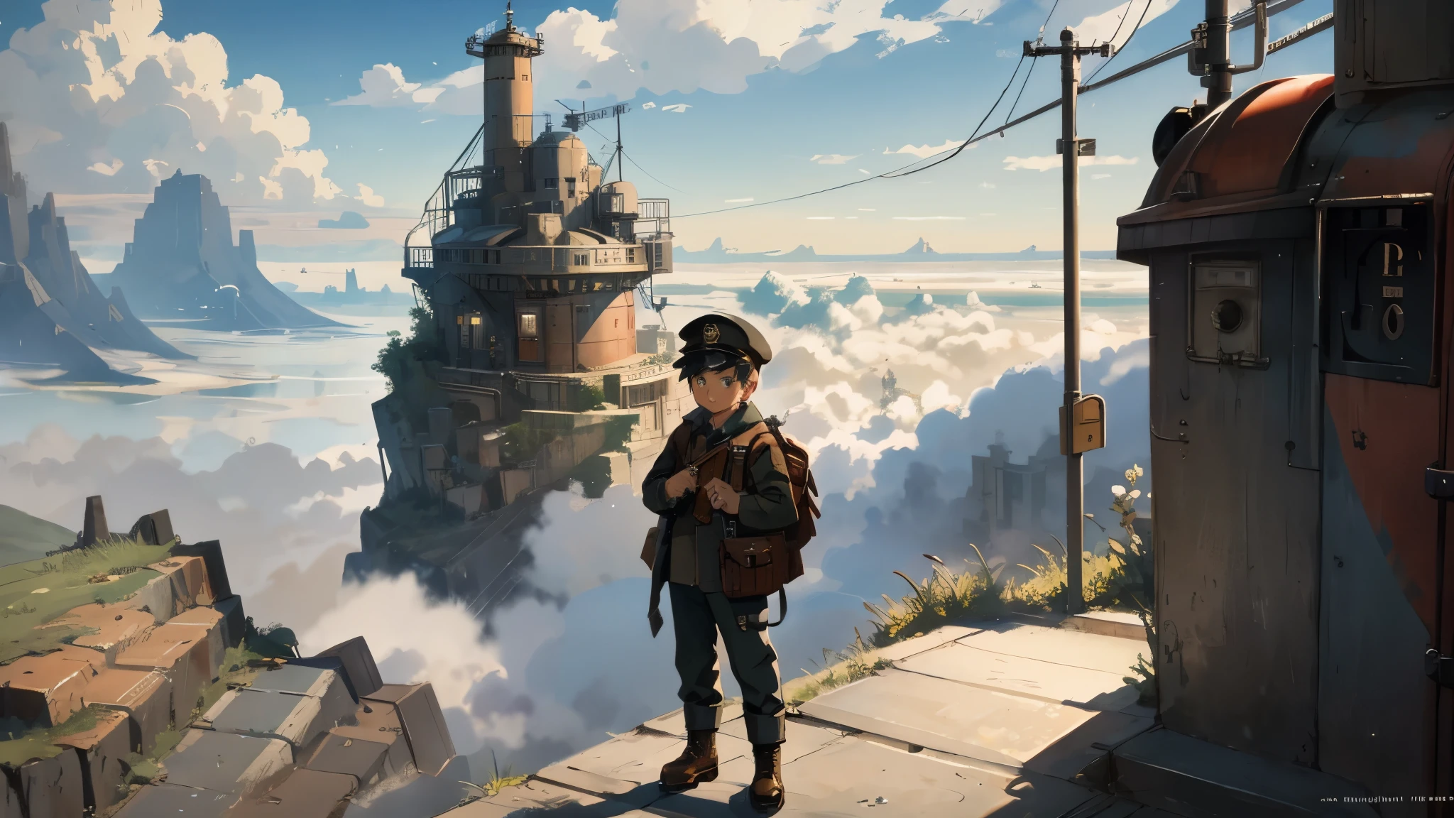 dieselpunk style，Retro industrial style street，A mailbox，sketch，Quick paint，A postman is delivering mail，Postman on the cloud，A little boy stands waiting for mail，port，Outside the railing is the scenery of sea of clouds，（town above the clouds），Conceptual scenes