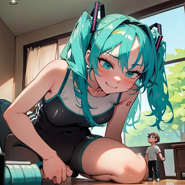 masterpiece, hatsune miku, giantess, looming over tiny guy, indoors, glaring, smirk, intimidating, dominant, femdom, looking dow...