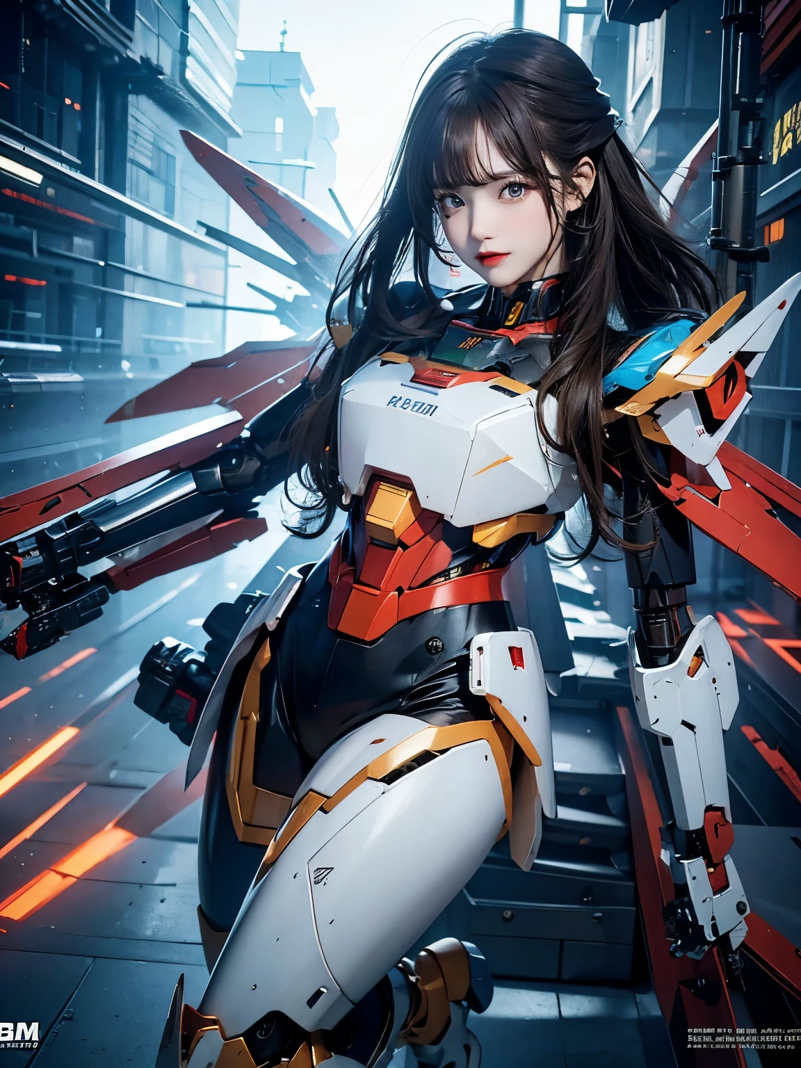 peau rugueuse, Super détaillé, détails avancés, Haute qualité, 最Haute qualité, haute résolution, 1080P, disque dur, Beau,(Gundam),Beauサイボーグの女性,Mecha Cyborg Fille,mode de combat,Fille au corps Mecha,彼女は未来的なGundamメカを身に着けています,Prise de vue complète du corps