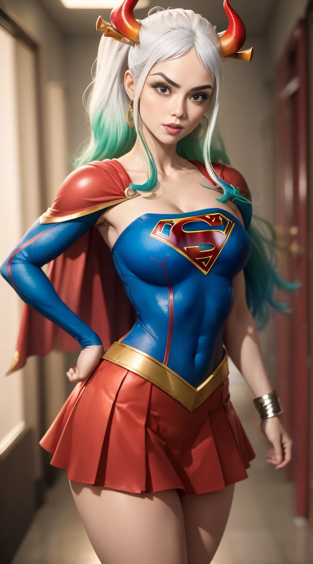 (melhor qualidade:1.3), usando cosplay da Supergirl, capa vermelha, S do super-homem no peito, blue swimsuit, Red skirt, botas vermelhas, (demon girl), huge breasts, sedutora, sexy, cabelo branco com as pontas verde claro, chifre com as pontas vermelho, extremely high quality, high resolution, 1080P, disco Rigido, 4k, 8k, 16k, (muito detalhado), realista, 8k, Cinema 4D, Artgerm extremamente detalhado, [ Arte Digital 4K ]!!