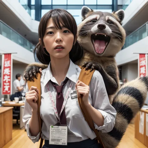 A woman wearing a white shirt and tie and carrying a backpack with a raccoon tail on her back, Japanese live action movie, Still...