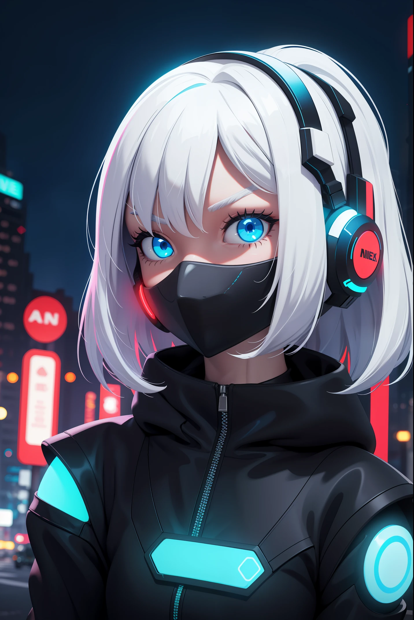 (frontal view, facing viewer:1.2), centered, 3d, 3d model, unreal engine, | digital face portrait, | 1girl, solo, white hair color, short hairstyle, light blue eyes, | (neon red wireless headphones headset:1.2), (black neon futuristic mouth mask:1.2), dark blue hoodie, | futuristic city lights, sunset, buildings, urban scenery, neon lights | bokeh, depth of field,