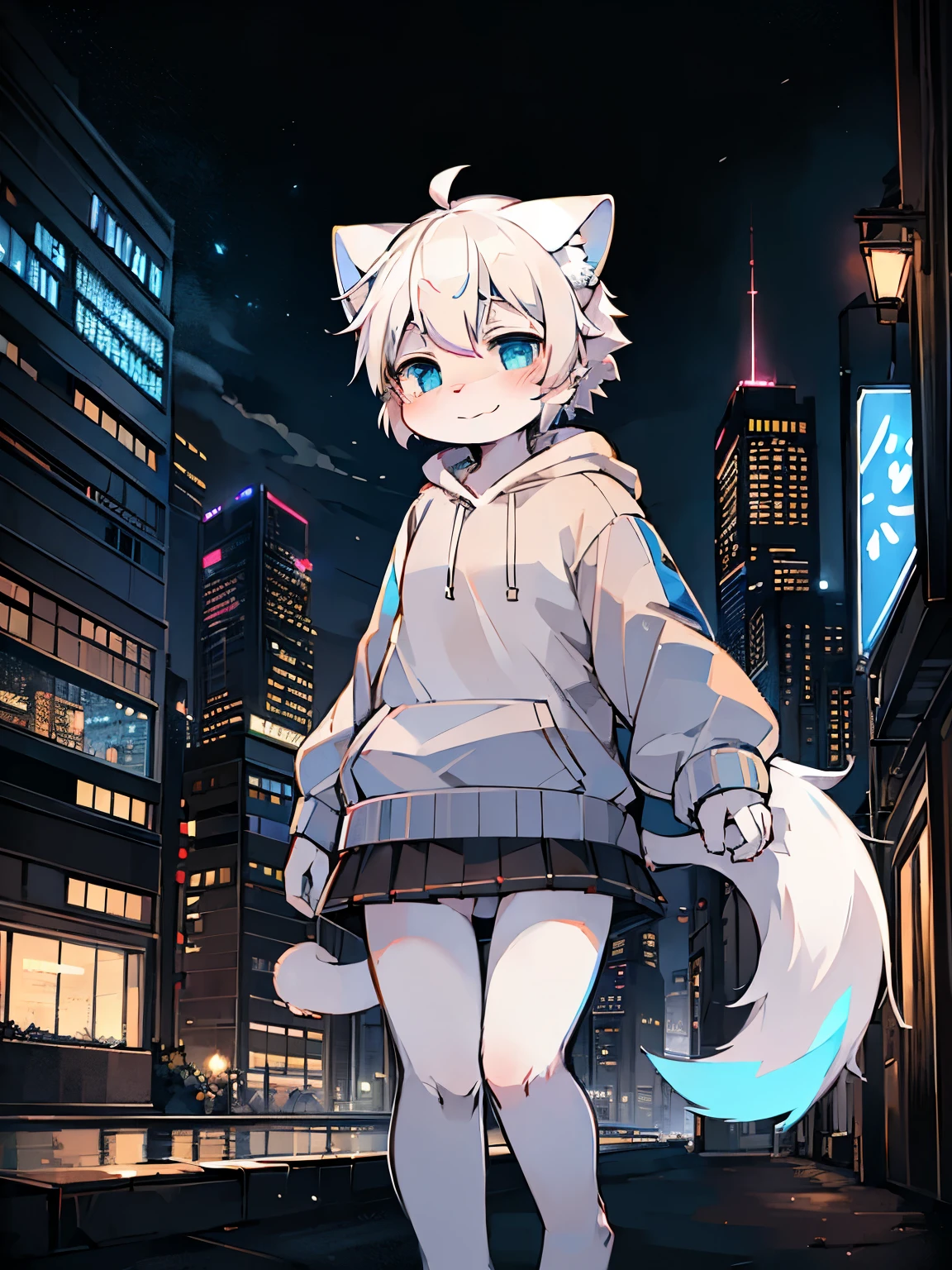 Solo, kemono, high details, 8k, ultra detailed, (by dagasi, by mochiri_work, by XueyeMika) ((white cat, white hair, tail, blue eyes, white hoodie, black skirt)) (look at camera, stand, smile softly) ultra high resolution, detail all accessories, masterpiece, city background, cyberpunk city, night time, city and lake, blue neon light, tall building, colors not bright, smooth lightning (smooth line, detailed background, night time)