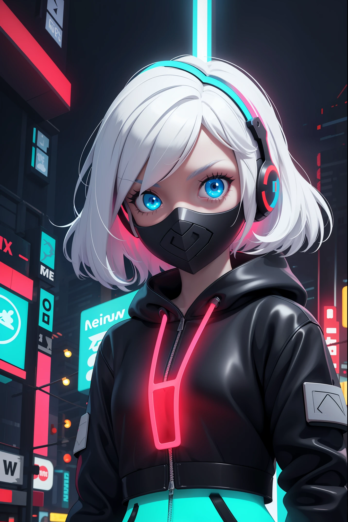 (frontal view, facing viewer:1.2), centered, 3d, 3d model, unreal engine, | digital face portrait, | 1girl, solo, white hair color, short hairstyle, light blue eyes, | (neon red wireless headphones headset:1.2), (black neon futuristic mouth mask:1.2), dark blue hoodie, | futuristic city lights, sunset, buildings, urban scenery, neon lights | bokeh, depth of field,