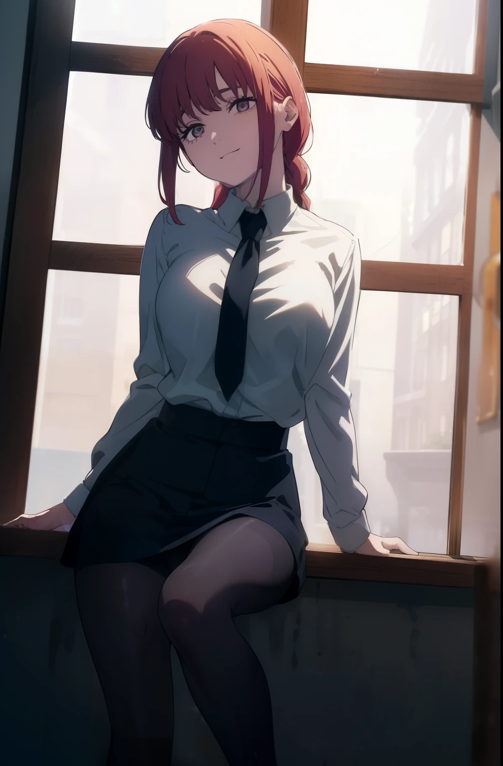 Anime girl sitting on a window ledge in a school uniform - SeaArt AI