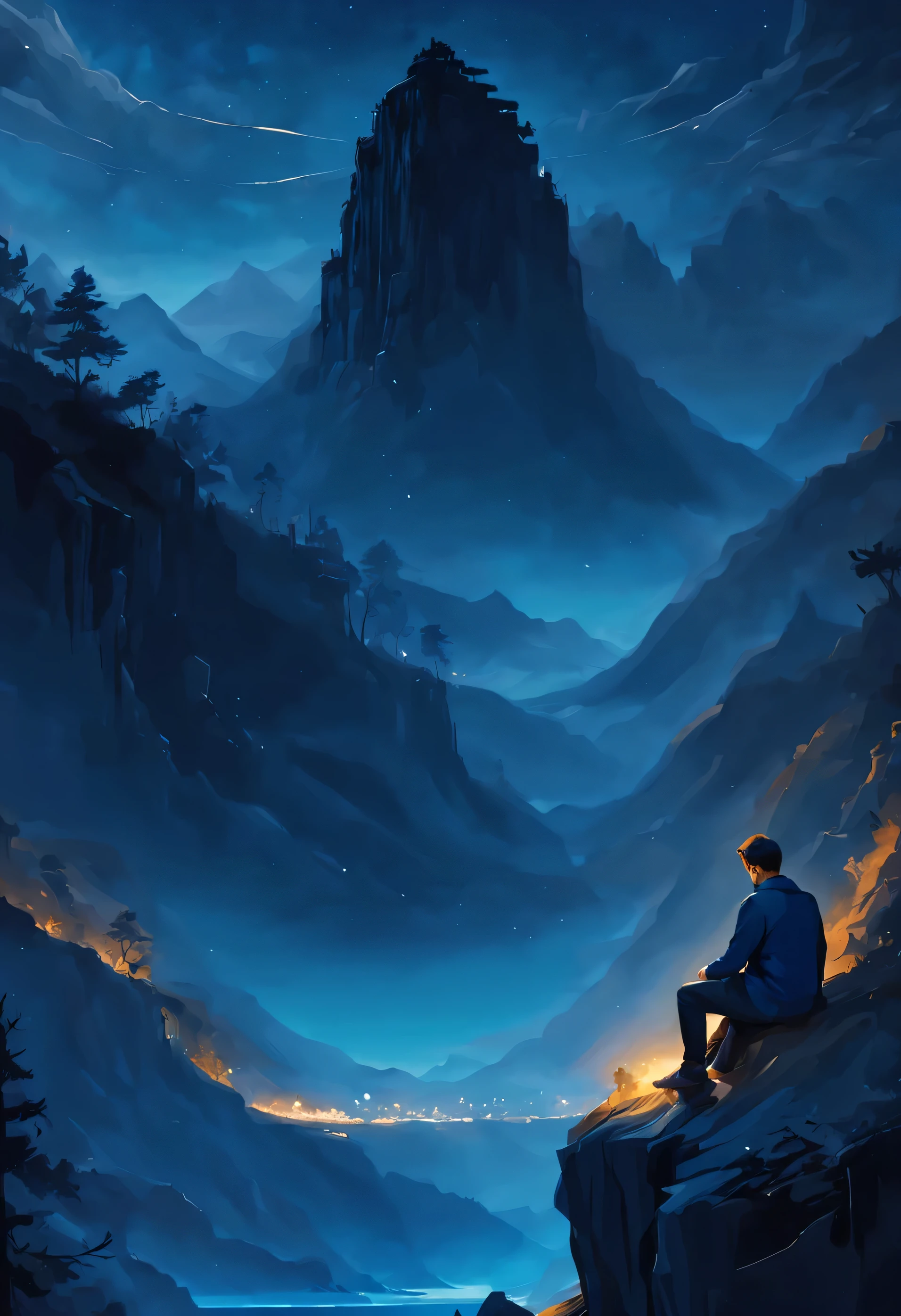 un homme triste est assis sur une falaise avec une belle vue sur la nature la nuit, homme triste placé au milieu en bas, homme de derrière, style bleu, masterful Composition, fantaisie artistique, Composition, amazing Composition, beautiful Composition