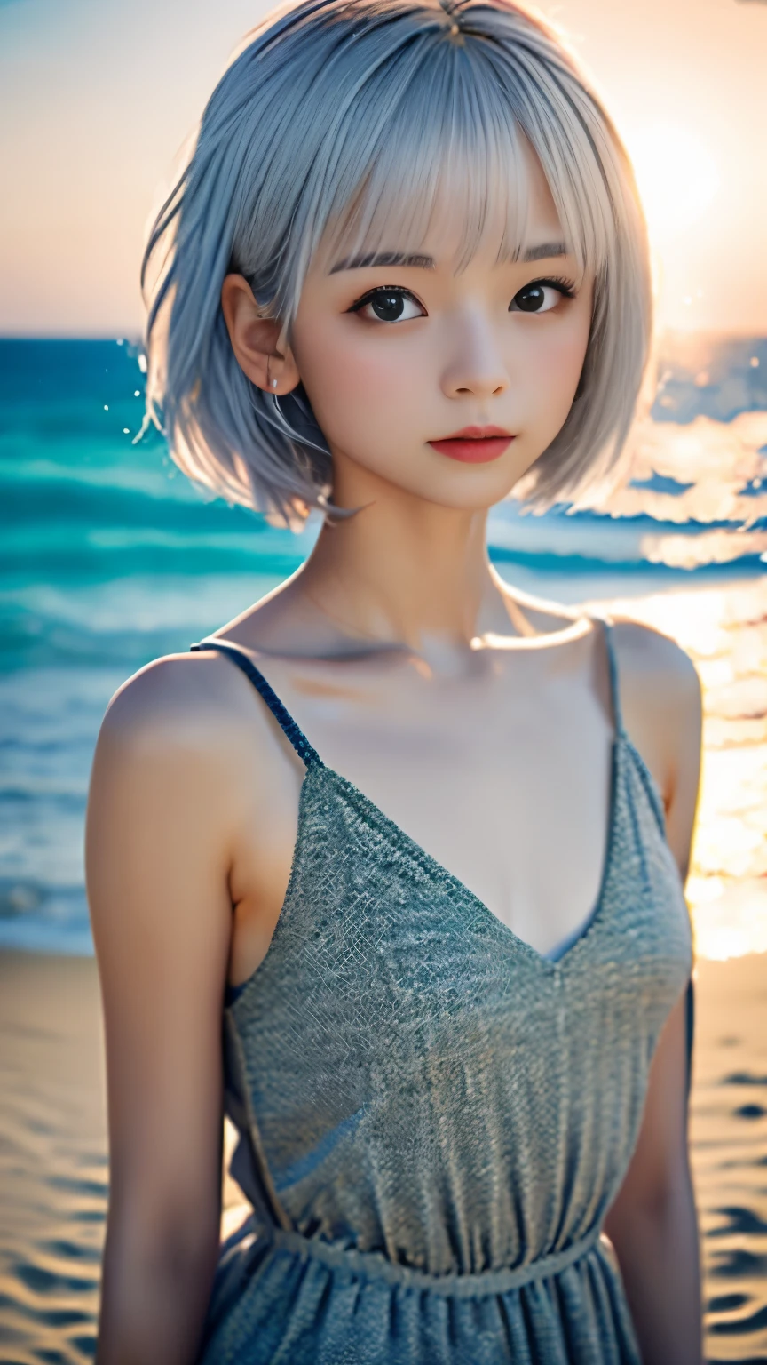 A woman with a short gray hair standing on a beach - SeaArt AI