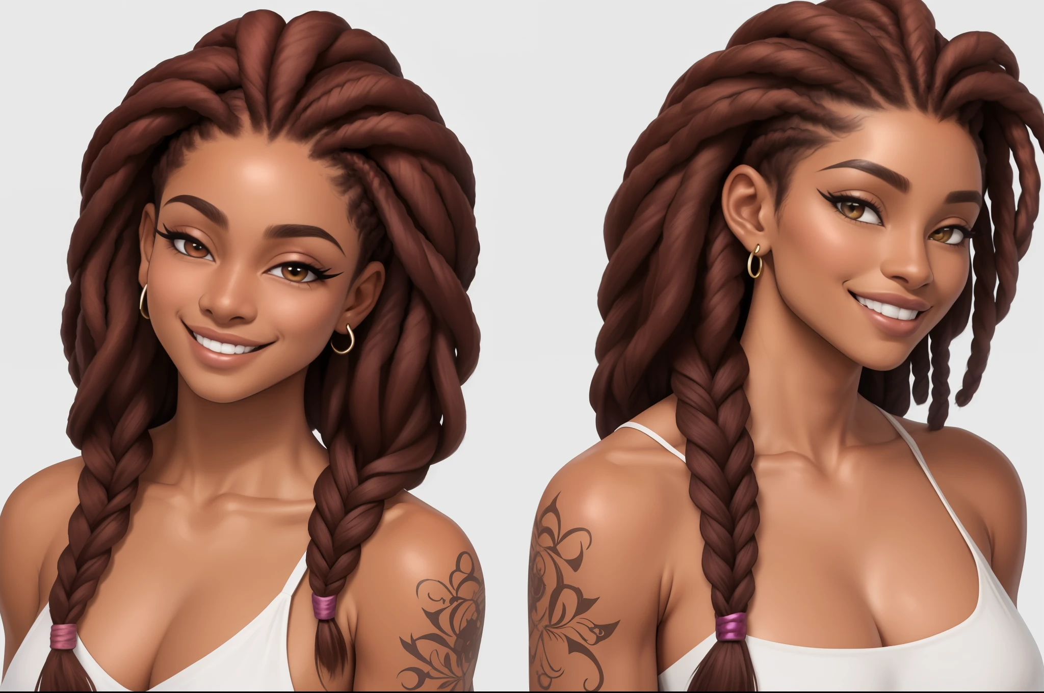 Um Mulher de 20anos, pele morena, tatuagem de estrela transparente no meio da testa, cabelos brancos cortados de lado, rastafari, perfect afro braided hair, has very long braids falling forward, sobrancelhas grossas e pretas, , olhos rosa, cabelo rosa, cabelo curto, olhos detalhados, olhos arregalados, eyelash, olhando para o espectador, visualizador de frente, fundo branco, reference sheet, (( art Expressions Of Joy, sorriso, v plano completo, Vista frontal, de personagem, Multiple views one, com menos, estilo de mesmo Estilo de cabelo, menos Tipo de  ,Front view view, design,  FORTE )) 