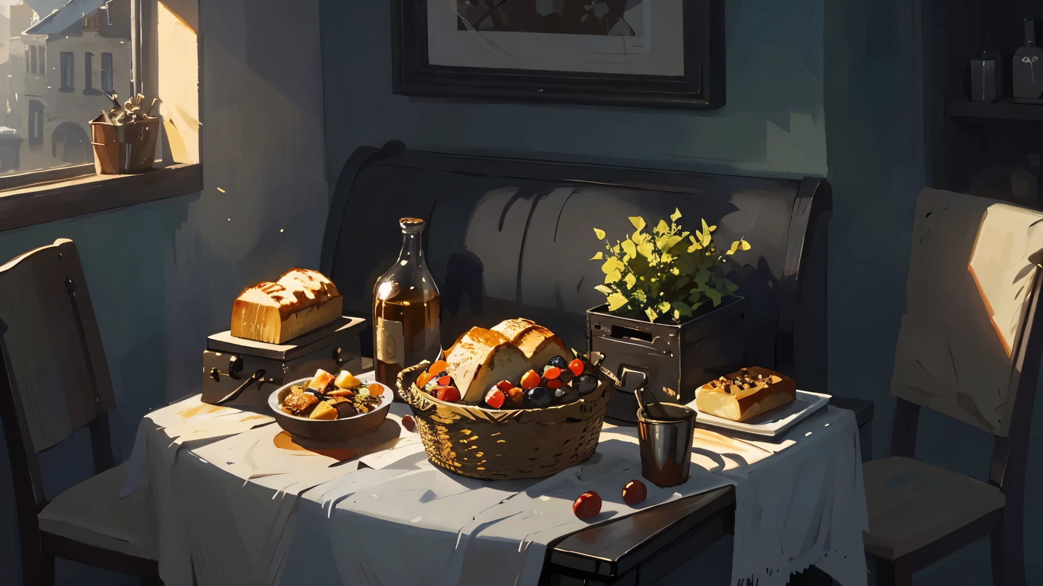 Dieselpunk style tableware，gourmet food，A silver platter with stew，bread in basket，Covered with tablecloth，A little berry，sketch，Picture book style，Light and shadow effects，bird&#39;s eye view，silver fork，Conceptual scenes，wooden table，（solid color background），closeup at the food，Sunlight