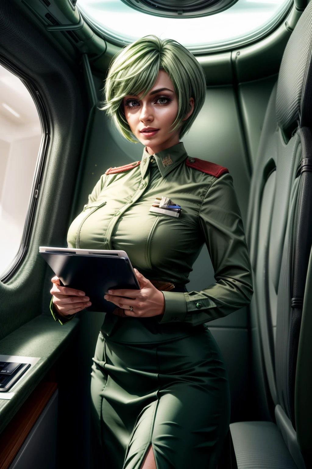 Frederica Greenhill, 25 years old, shortcut, green hair, lieutenant's maxi skirt uniform, Have a clipboard, talking on intercom, Inside the spaceship, giga_busty