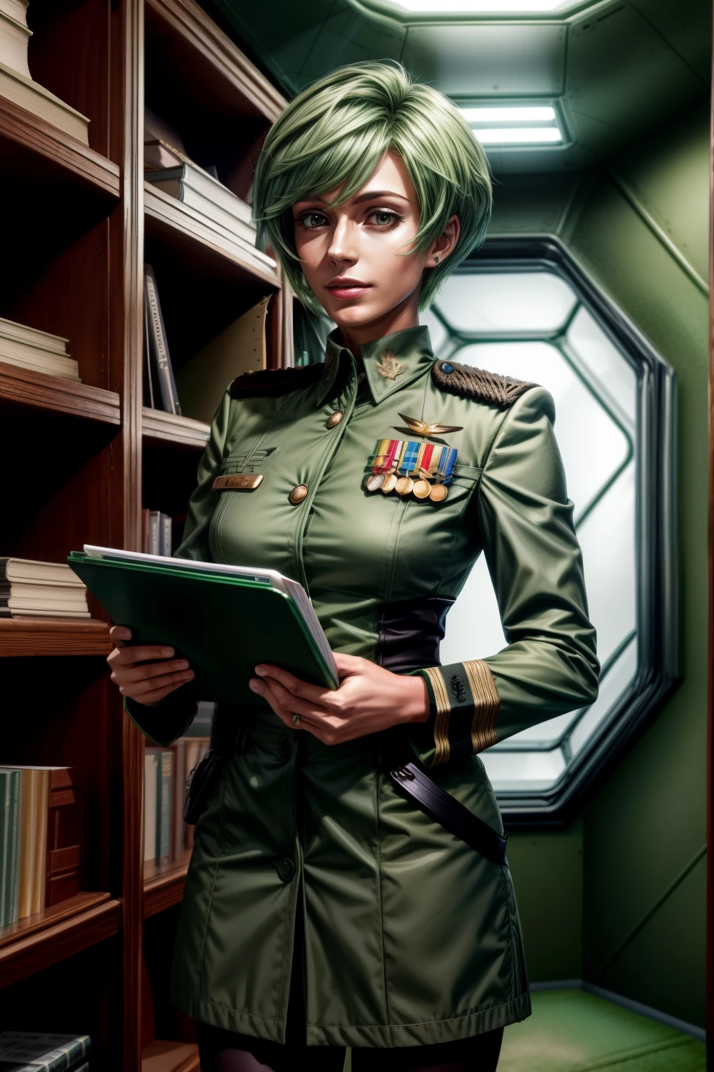 Frederica Greenhill, 25 years old, shortcut, green hair, lieutenant&#39;s uniform, Have a clipboard, talking on intercom, Inside the spaceship