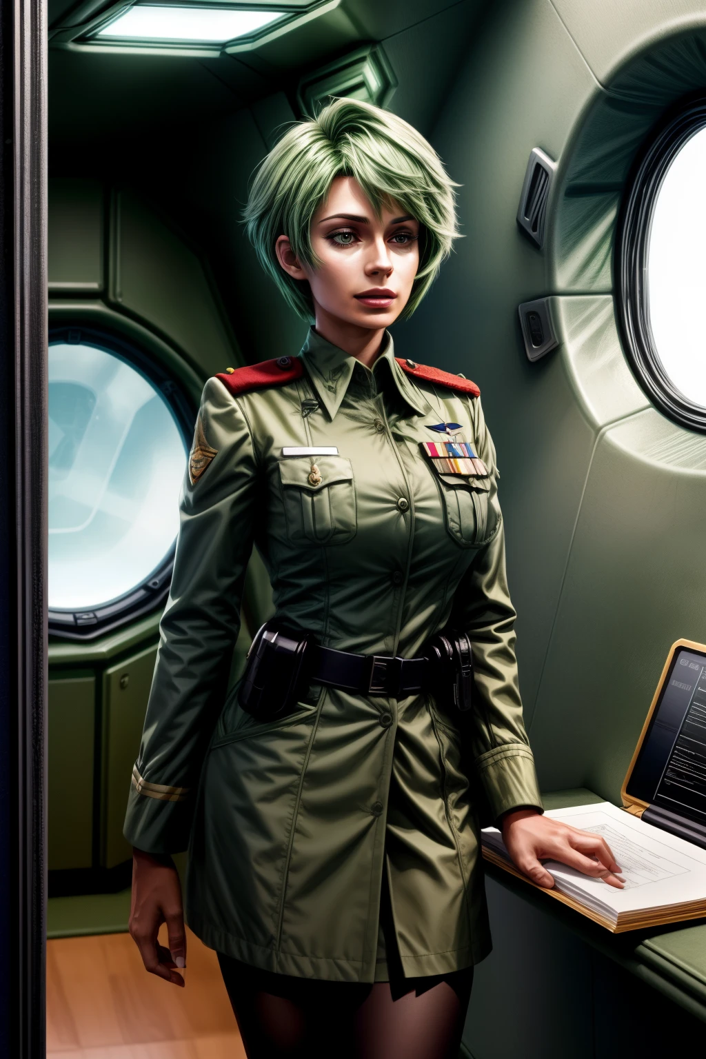 Frederica Greenhill, 25 years old, shortcut, green hair, lieutenant&#39;s uniform, Have a clipboard, talking on intercom, Inside the spaceship