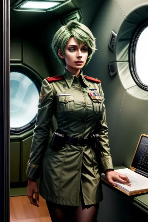 Frederica Greenhill, 25 years old, shortcut, green hair, lieutenant&#39;s uniform, Have a clipboard, talking on intercom, Inside...