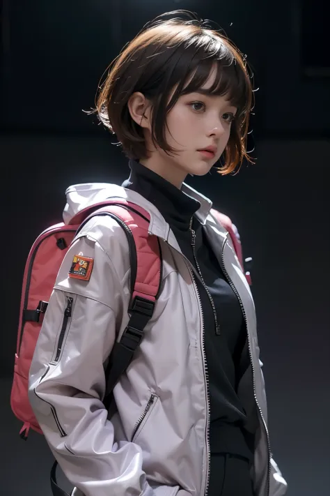 (front view:1.4), close-up portrait, (1girl:1.5), solo, spacesuit, bangs, brown(short hair:1.2), bag, blurry_background, purple ...