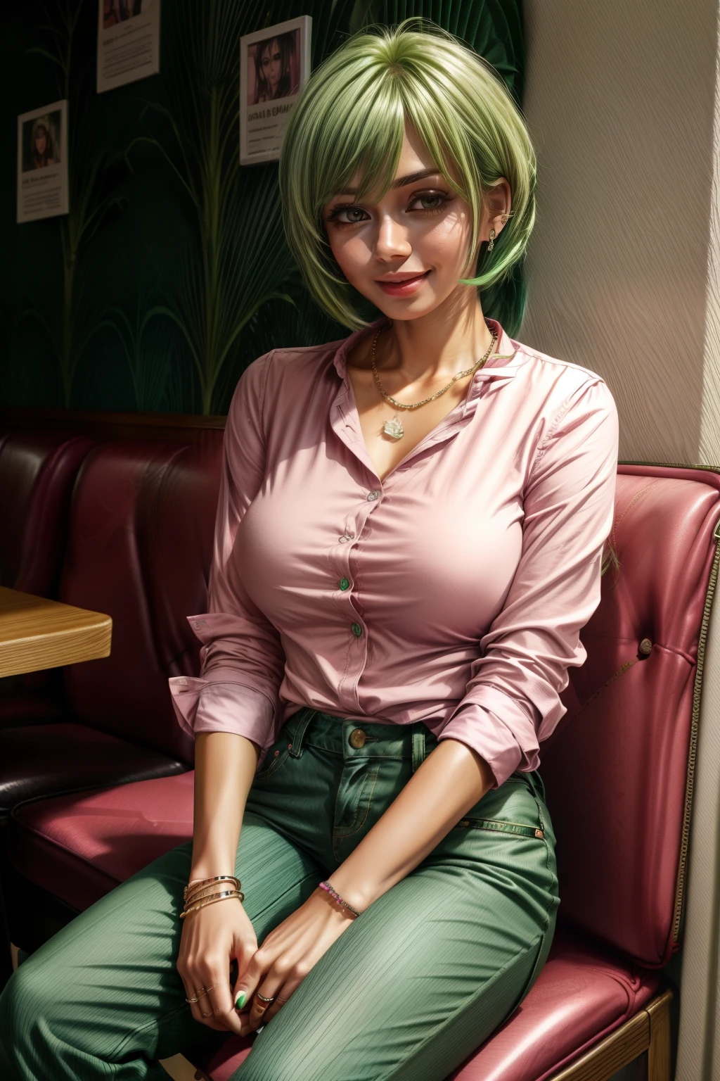 Frederica Greenhill, 25 years old, shortcut, green hair, wearing a pink casual shirts and pants fashion at a casual restaurant, sitting on chair , earrings, necklace, ring, bracelet, giga_busty