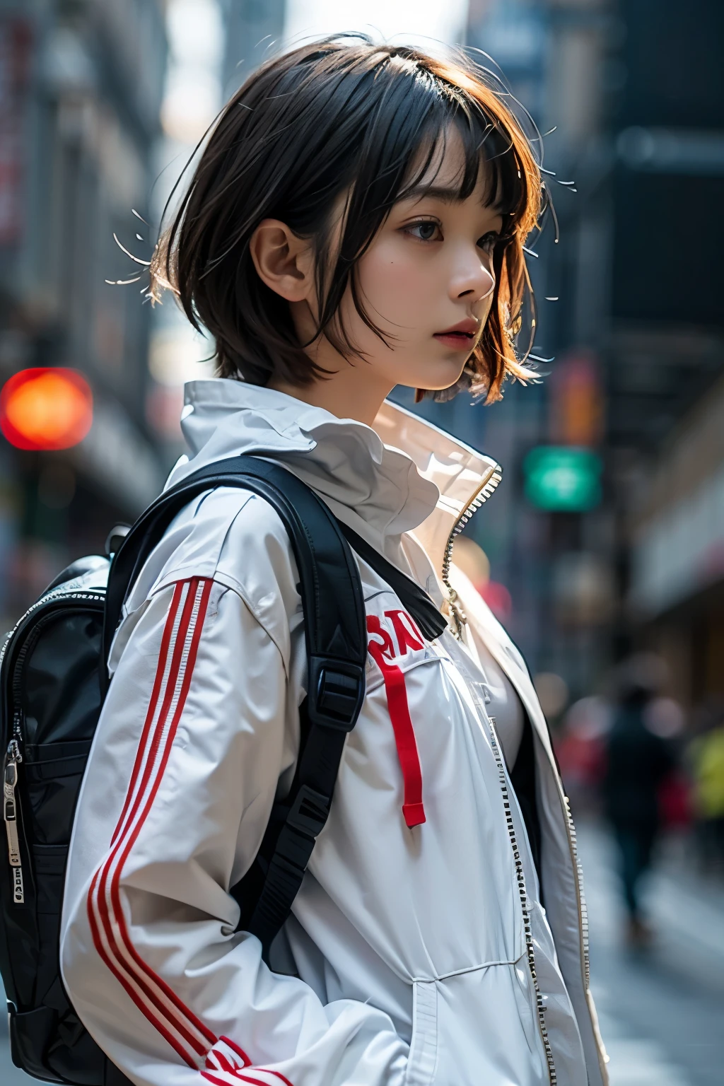 (front view:1.4), close-up portrait, (1girl:1.5), 16 year old, solo, spacesuit, bangs, brown(short hair:1.2), bag, blurry_background, purple neon light, backpack, zipper, urban techwear, outfit, 