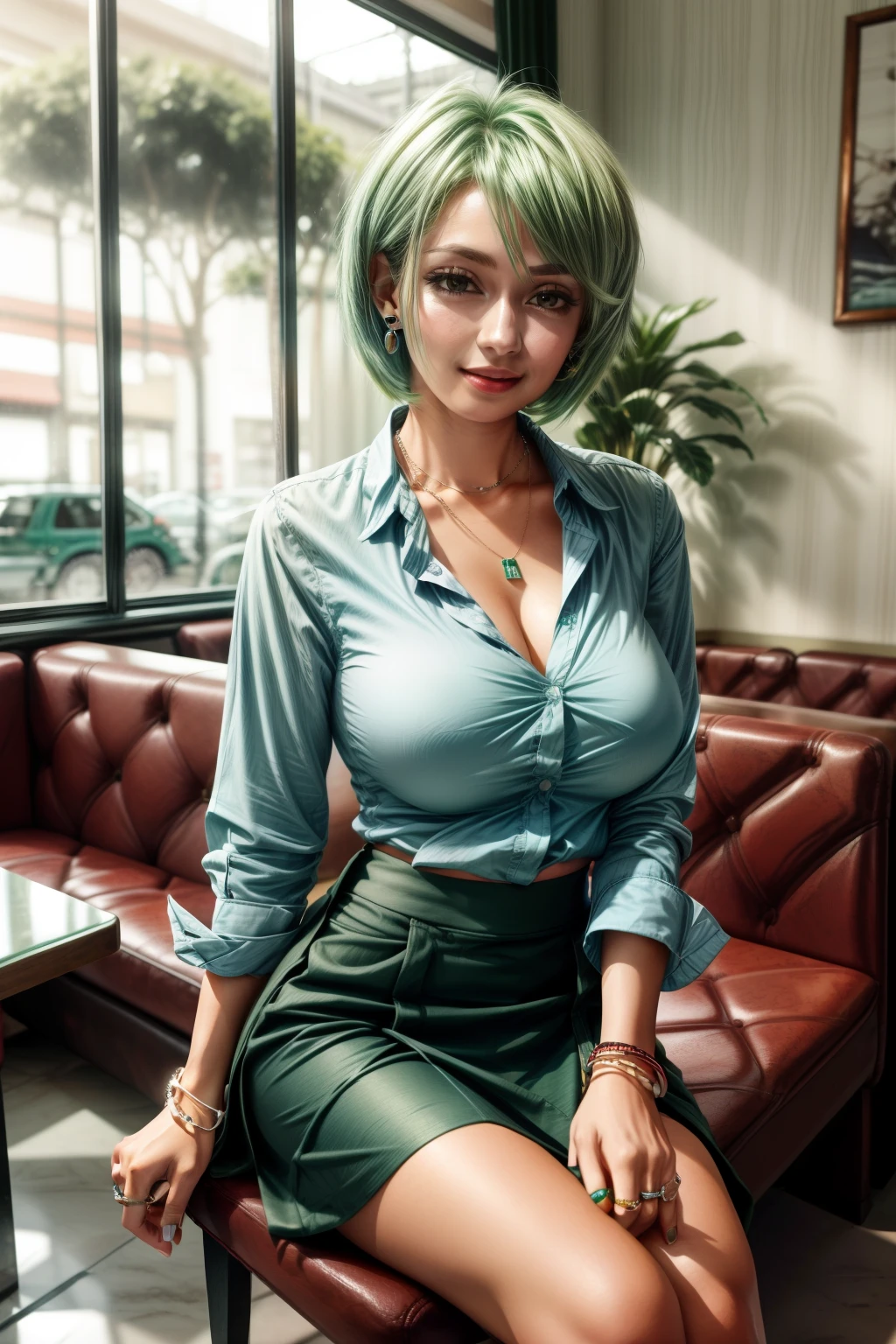 Frederica Greenhill, 25 years old, shortcut, green hair, wearing a light Blue casual shirts and long skirts fashion at a casual restaurant, sitting on chair , earrings, necklace, ring, bracelet, giga_busty