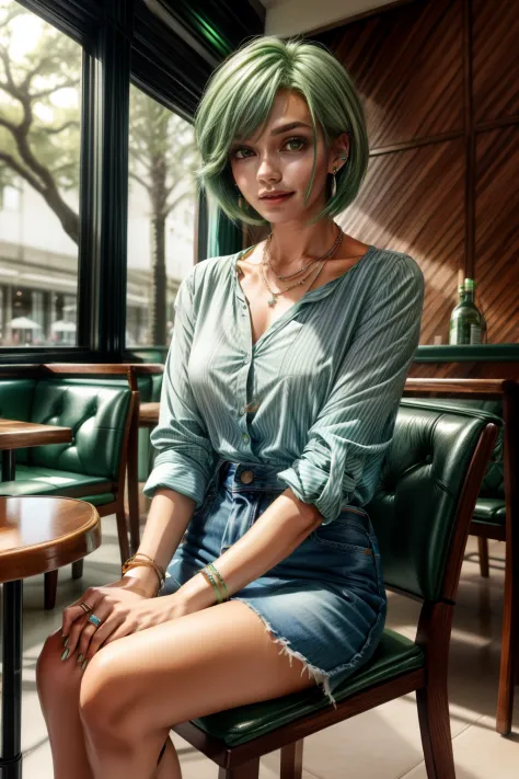 frederica greenhill, 25 years old, shortcut, green hair, wearing a light blue casual shirts fashion at a casual restaurant, sitt...