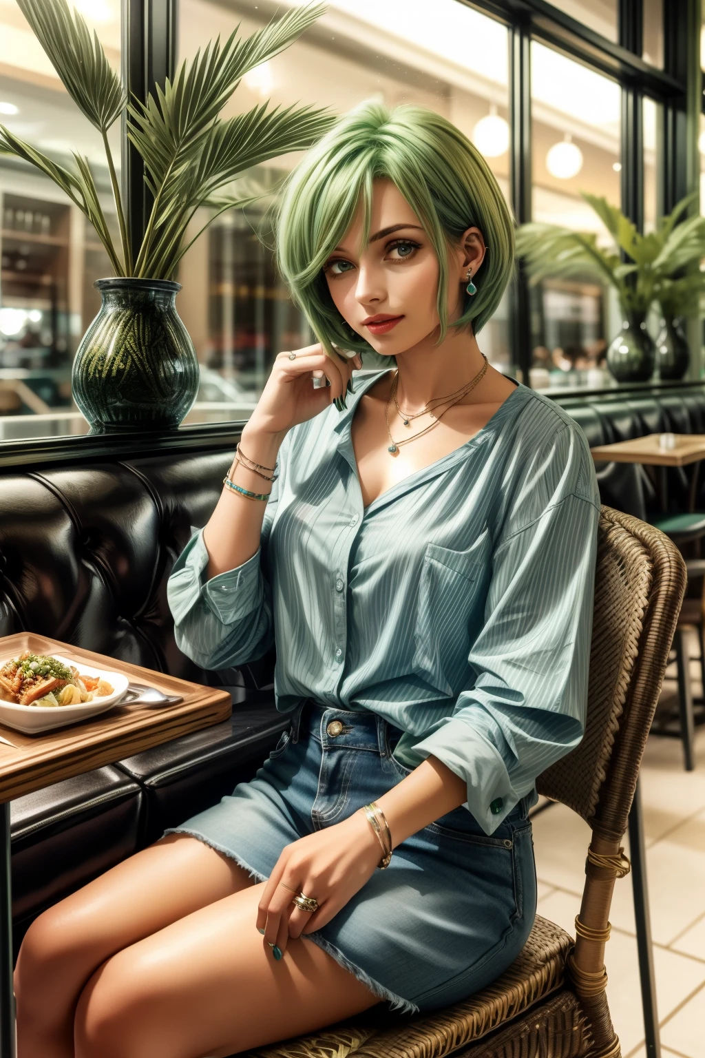 フレデリカ・グリーンヒル, 25歳, ショートカット, 緑の髪, wea指輪 a light Blue casual shirts fashion at a casual restaurant, 椅子に座っている , ear指輪s, ネックレス, 指輪, ブレスレット, 