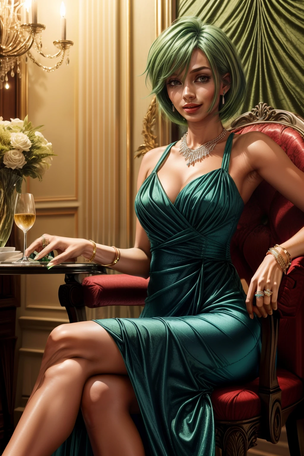 Frederica Green Hill, 25 años, atajo, pelo verde, weaanillo a Blue long evening dress at a high class restaurant, sentado en una silla , earanillos, collar, anillo, pulsera, 