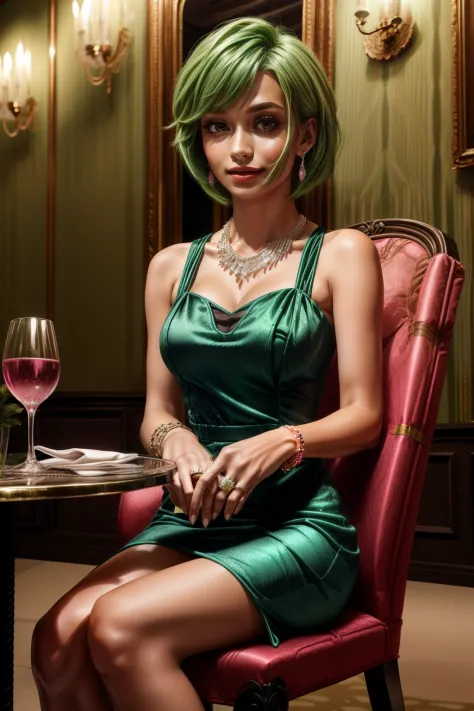 Frederica Greenhill, 25 years old, shortcut, green hair, wearing a pink long evening dress at a high class restaurant, sitting o...