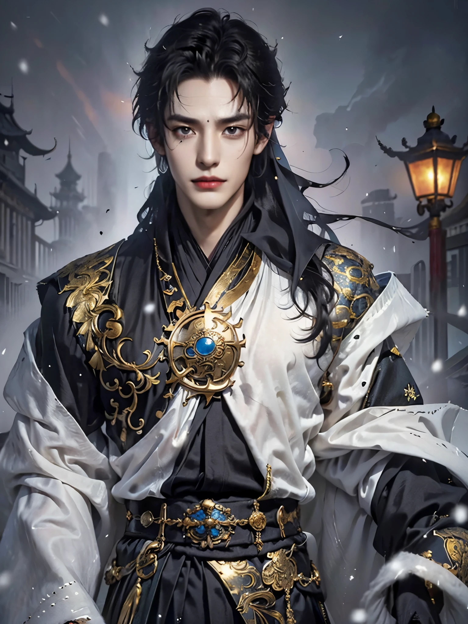 （male character design），（Pan An, a handsome and smiling Chinese man, is buying many bags.：1.37），（Pan An wears modern and fashionable men&#39;s black sweater suit pants：1.37），Pan An’s skin is fair and flawless，The bridge of his nose is high and straight，(long,Messy shawl hair：1.1），（double eyelids, Bright Eyes, Big clear and bright eyes），sad prince，Food with red lips and white teeth，gentle melancholy，Pan An is tall and tall.，He has a strong physique，Toned muscles，Fresh and toned abs, His exquisite facial features，Kingly style， messy black hair,Wind magic, background：Night view of the city highway，snow