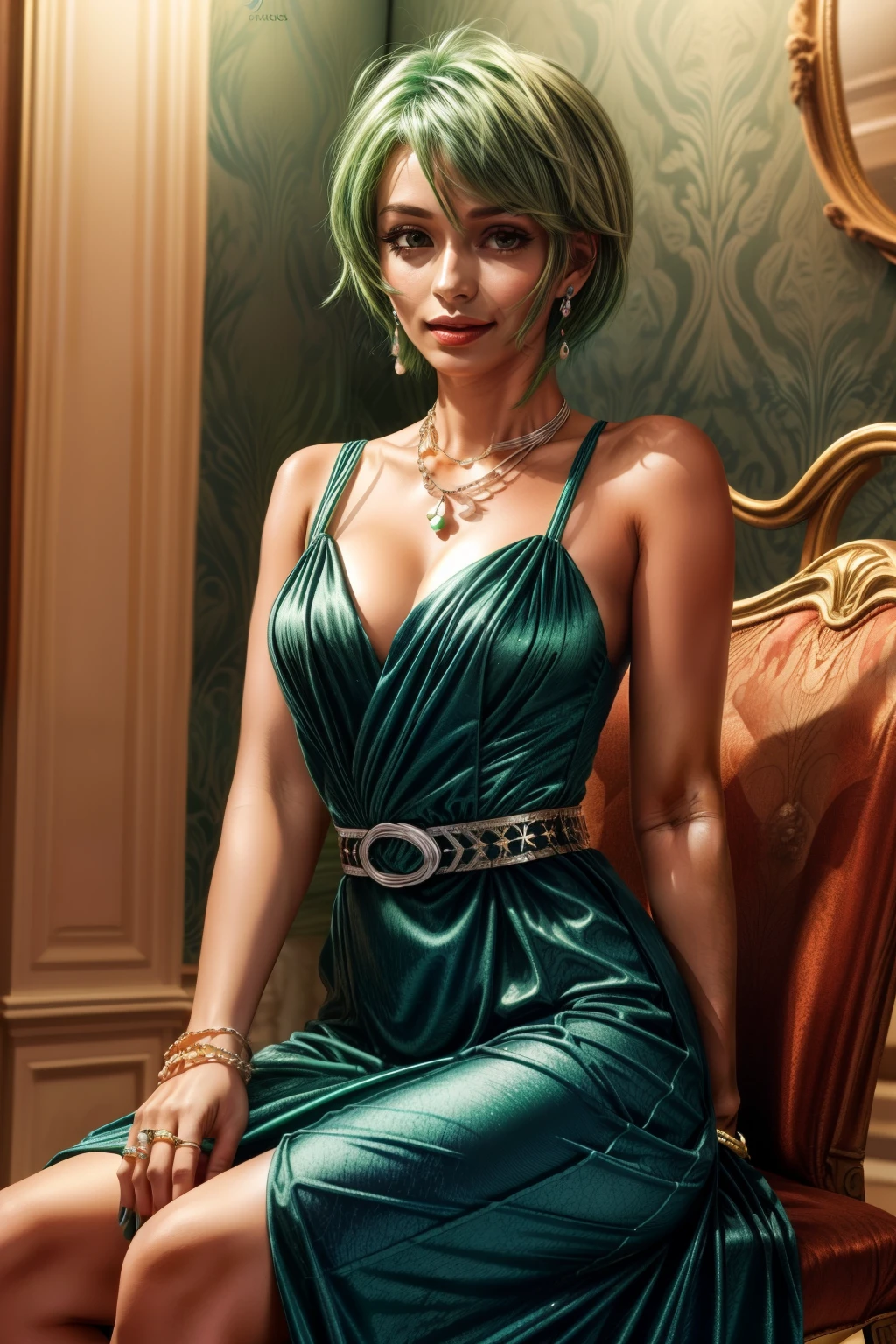Frederica Greenhill, 25 years old, shortcut, green hair, wearing a Blue evening dress at a high class restaurant, sitting on chair , earrings, necklace, ring, bracelet, chain belt