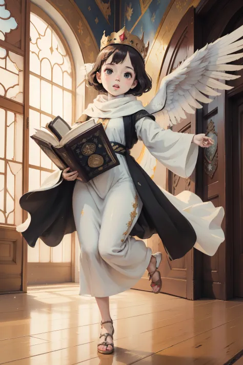 ((best quality)), ((masterpiece)), (detailed), perfect face, a little flying child with wings holding the holy Quran wearing whi...