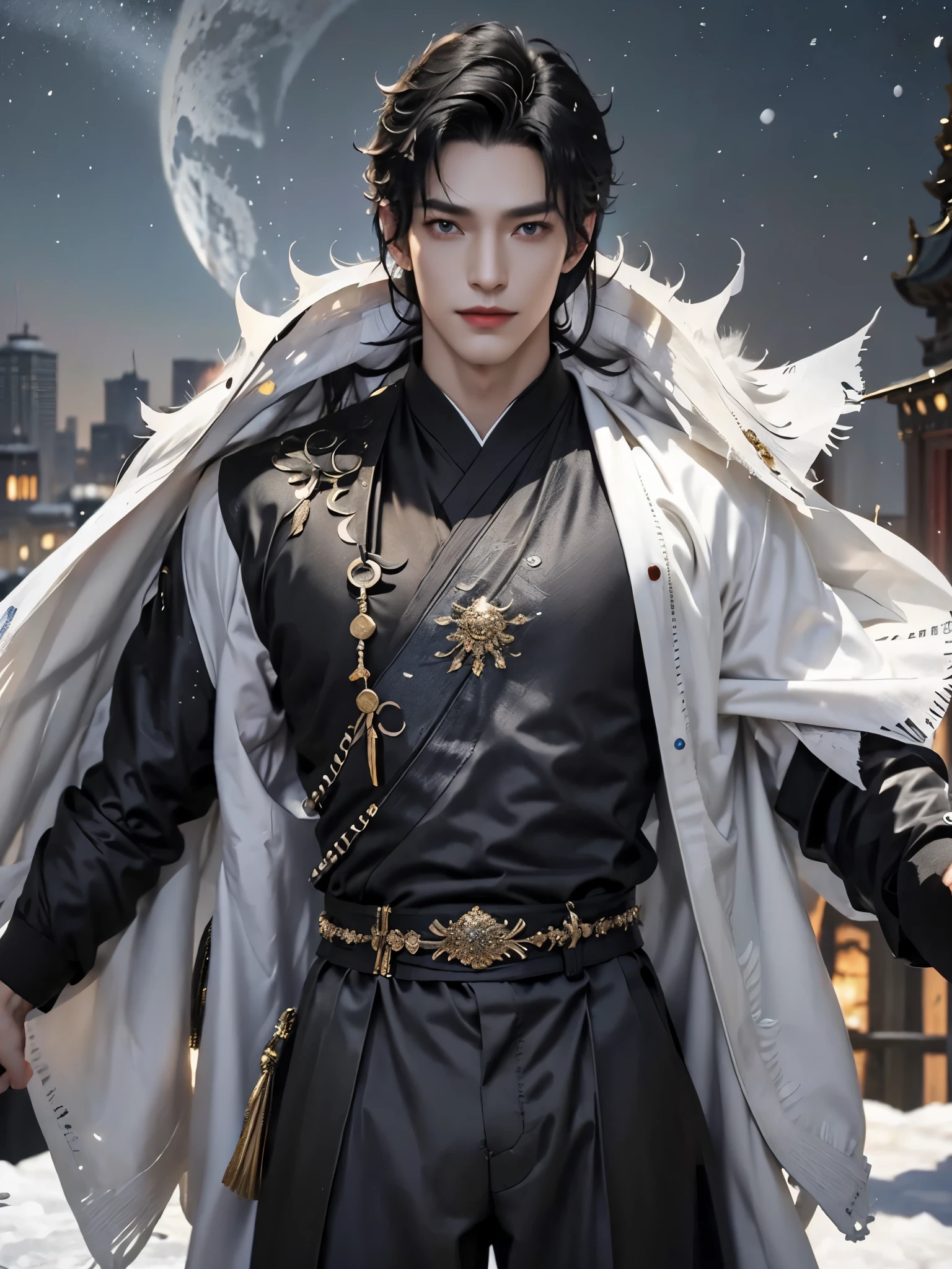 （male character design），（Pan An, a handsome and smiling Chinese man, is holding many bags.：1.37），（Pan An wears modern and fashionable men&#39;s black sweater suit pants：1.37），Pan An’s skin is fair and flawless，The bridge of his nose is high and straight，(long,Messy shawl hair：1.1），（double eyelids, Bright Eyes, Big clear and bright eyes），sad prince，Food with red lips and white teeth，gentle melancholy，Pan An is tall and tall.，He has a strong physique，Toned muscles，Fresh and toned abs, His exquisite facial features，Kingly style， messy black hair,Wind magic, background：Night view of the city highway，snow