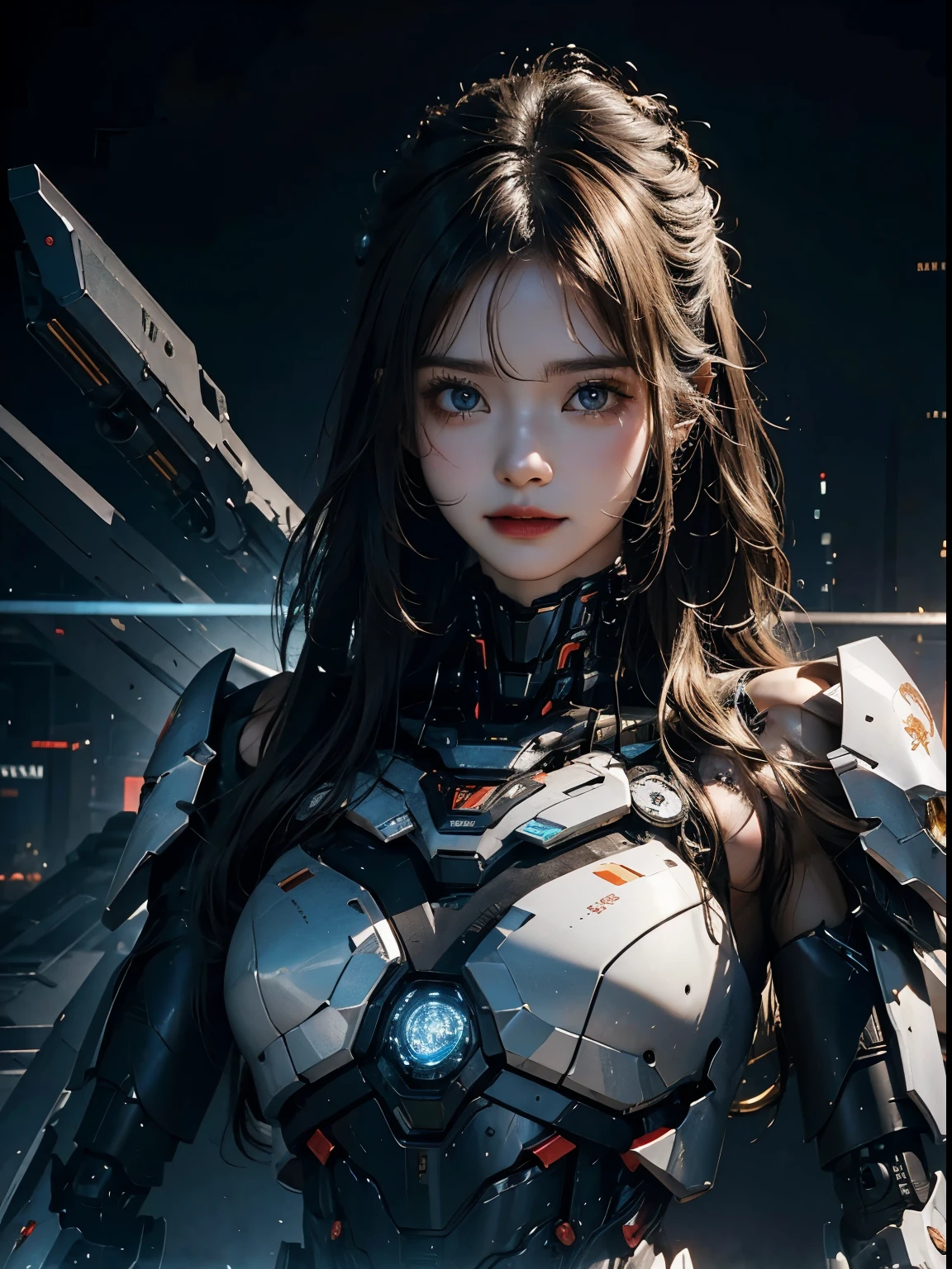 rough skin, Super detailed, advanced details, high quality, 最high quality, High resolution, 1080P, hard disk, beautiful,(War Machine),Beautiful cyborg woman,Mecha cyborg girl,battle mode,Mecha body girl,She is wearing a futuristic War Machine weapon mech,full body shot