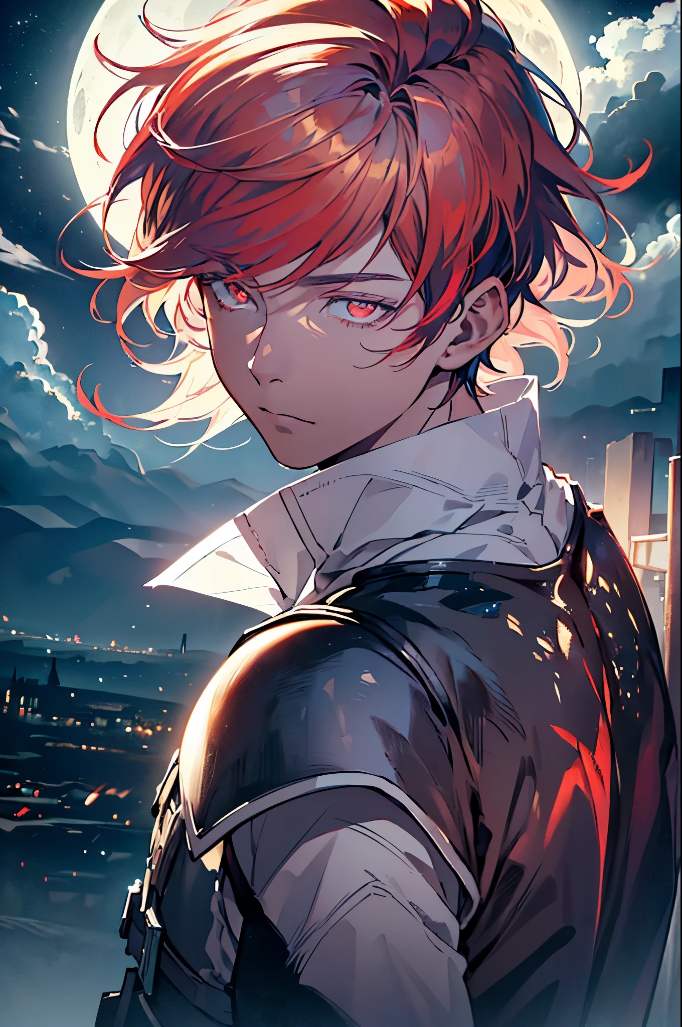 masterpiece, best quality, ((((1boy)))), (colorful),(finely detailed beautiful eyes and detailed face),cinematic lighting,extremely detailed 8k wallpaper, sky, cloudy_sky, building, moonlight, moon, night, (dark theme:1.3), light, fantasy, (((Only one character))), 1 boy, (((red hair))), (((red eyes))), Final Fantasy XIV, Armor (((muscular))) ((close up shot)) ((best face)) ((Male))