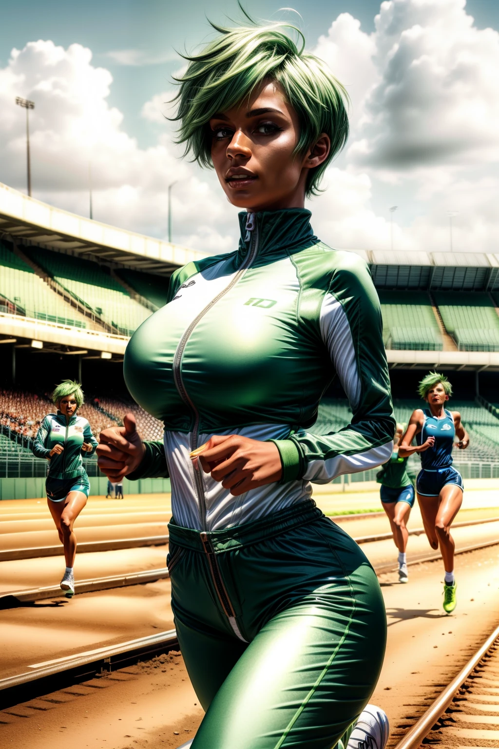 Frederica Greenhill, 25, atalho, cabelo verde, Correndo em uma pista, alto_peituda, usa macacões brancos