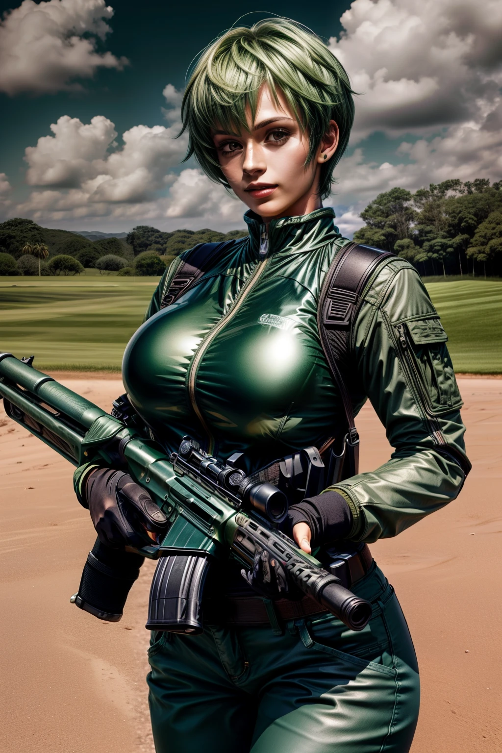 フレデリカ・グリーンヒル, 25, ショートカット, 緑の髪, ゴルフ練習場で自動小銃を撃つ, 宇宙服を着用しズボンを着用する , 高い_巨乳