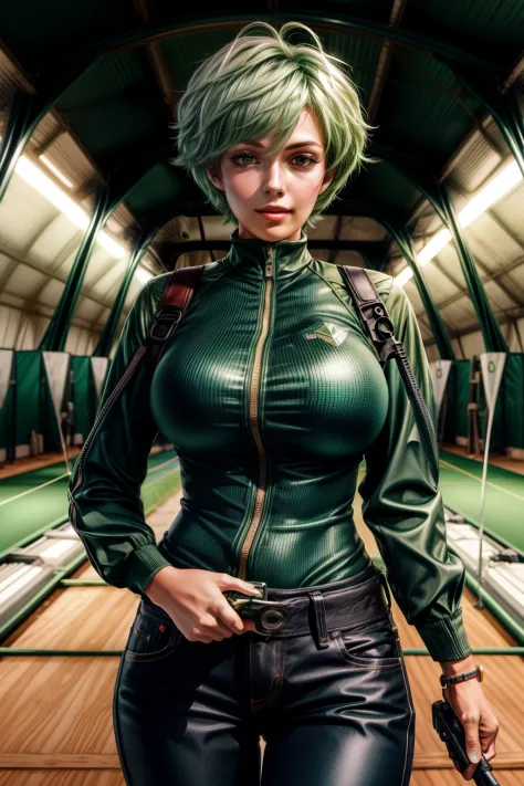 frederica greenhill, 25, short cut, green hair, shoots hand gun at a driving range, wears spacesuits with pants , giga_busty