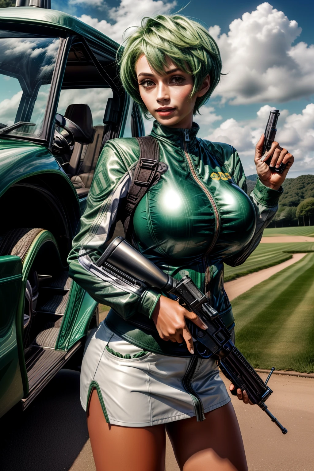 フレデリカ・グリーンヒル, 25, ショートカット, 緑の髪, ゴルフ練習場でハンドガンを撃つ, 宇宙服を着用する , 高い_巨乳