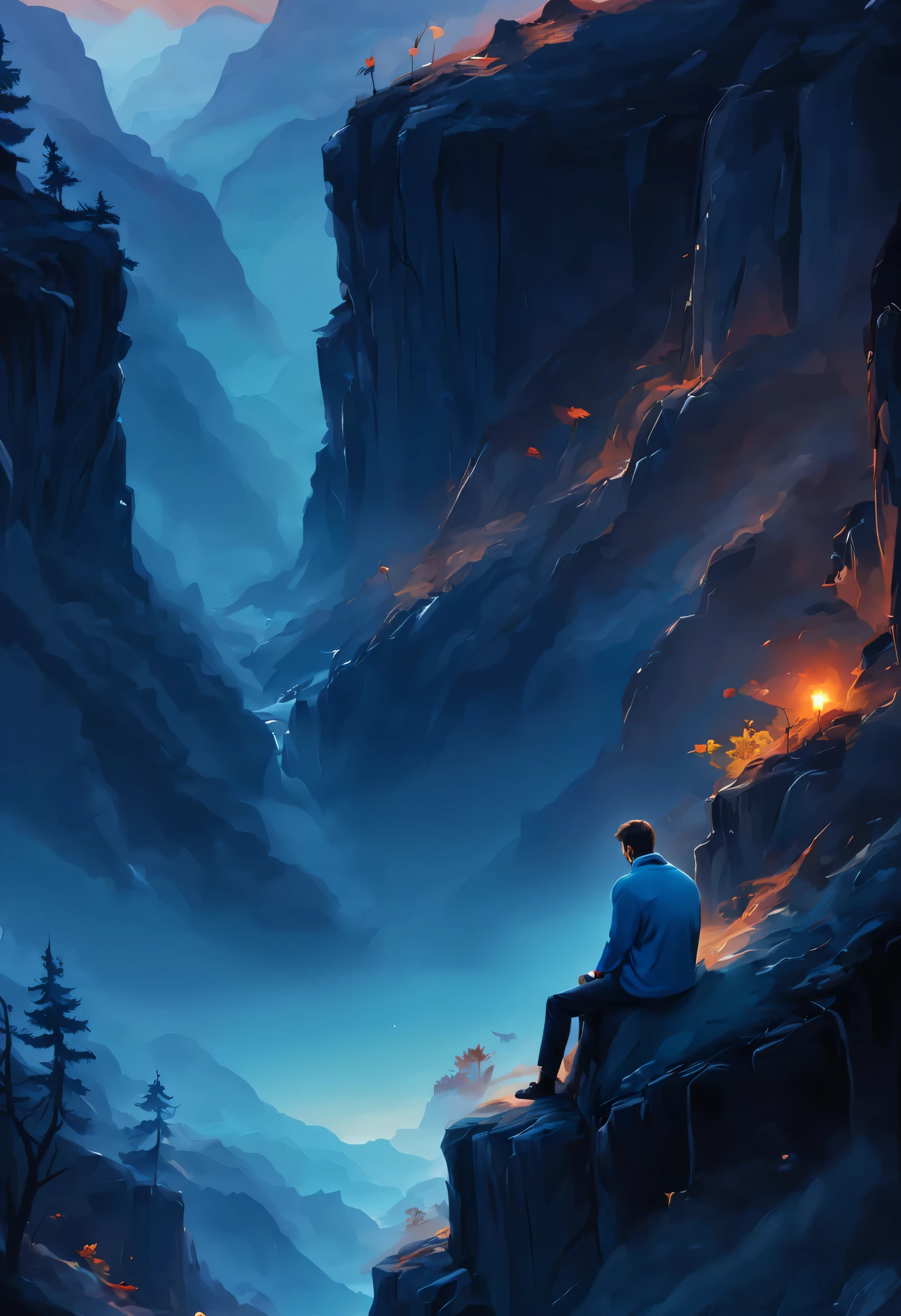 sad man is sitting at cliff with beautiful view on nature at night, middle down placing of sad man, man from behind, blue style, masterful composition, artistic fantasy, composition, amazing composition, beautiful composition