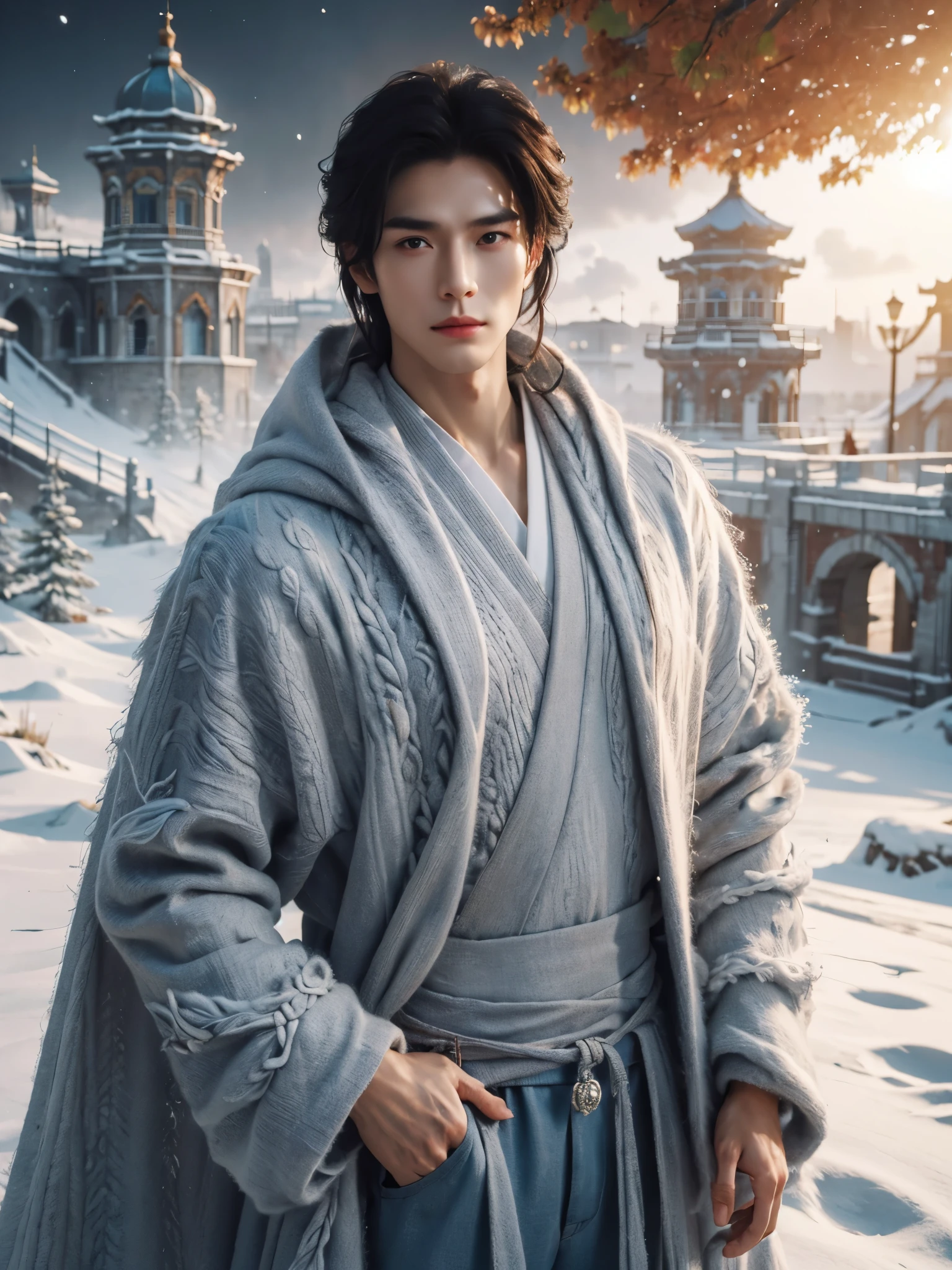 male character design），（Melancholy handsome Chinese man Pan An is looking at the camera：1.37），（Pan An wears modern and fashionable men&#39;s blue sweater suit pants：1.37），Pan An’s skin is fair and flawless，The bridge of his nose is high and straight，(long,Messy shawl hair：1.1），（double eyelids, Bright Eyes, Big clear and bright eyes），sad prince，Food with red lips and white teeth，gentle melancholy，Pan An is tall and tall.，He has a strong physique，Toned muscles，Fresh and toned abs, His exquisite facial features，Kingly style， messy black hair,Wind magic, background：Blue urban street night scene，snow，