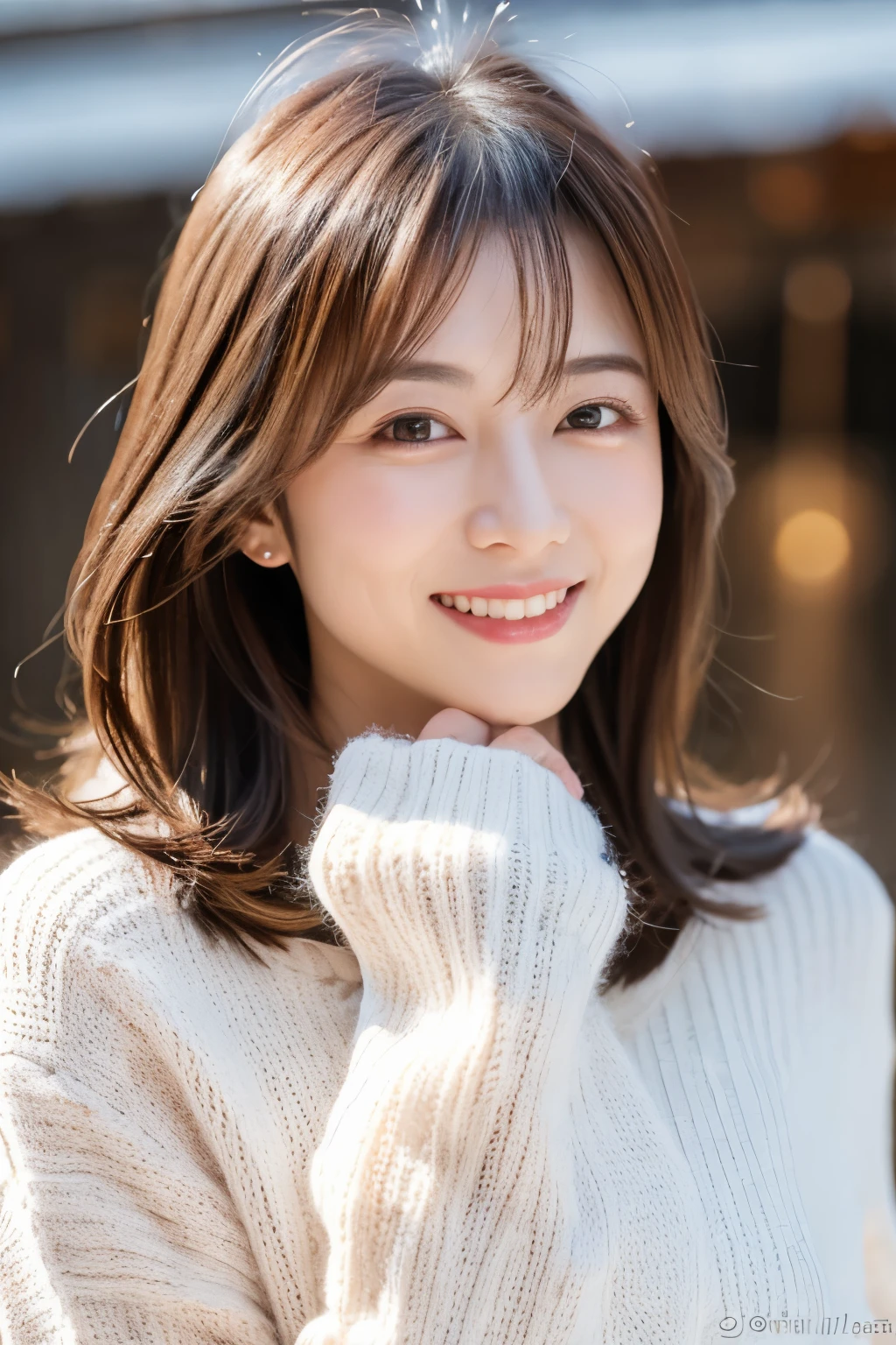 japanese woman, 30s, adult woman、background white, simple背景, white-brown hair, slender, 4K, 8K, high quality, Beauty products, beautiful eyes, simple, high resolution,1 person,beautiful skin,beautiful skin,wearing a white knit,winter,smile,