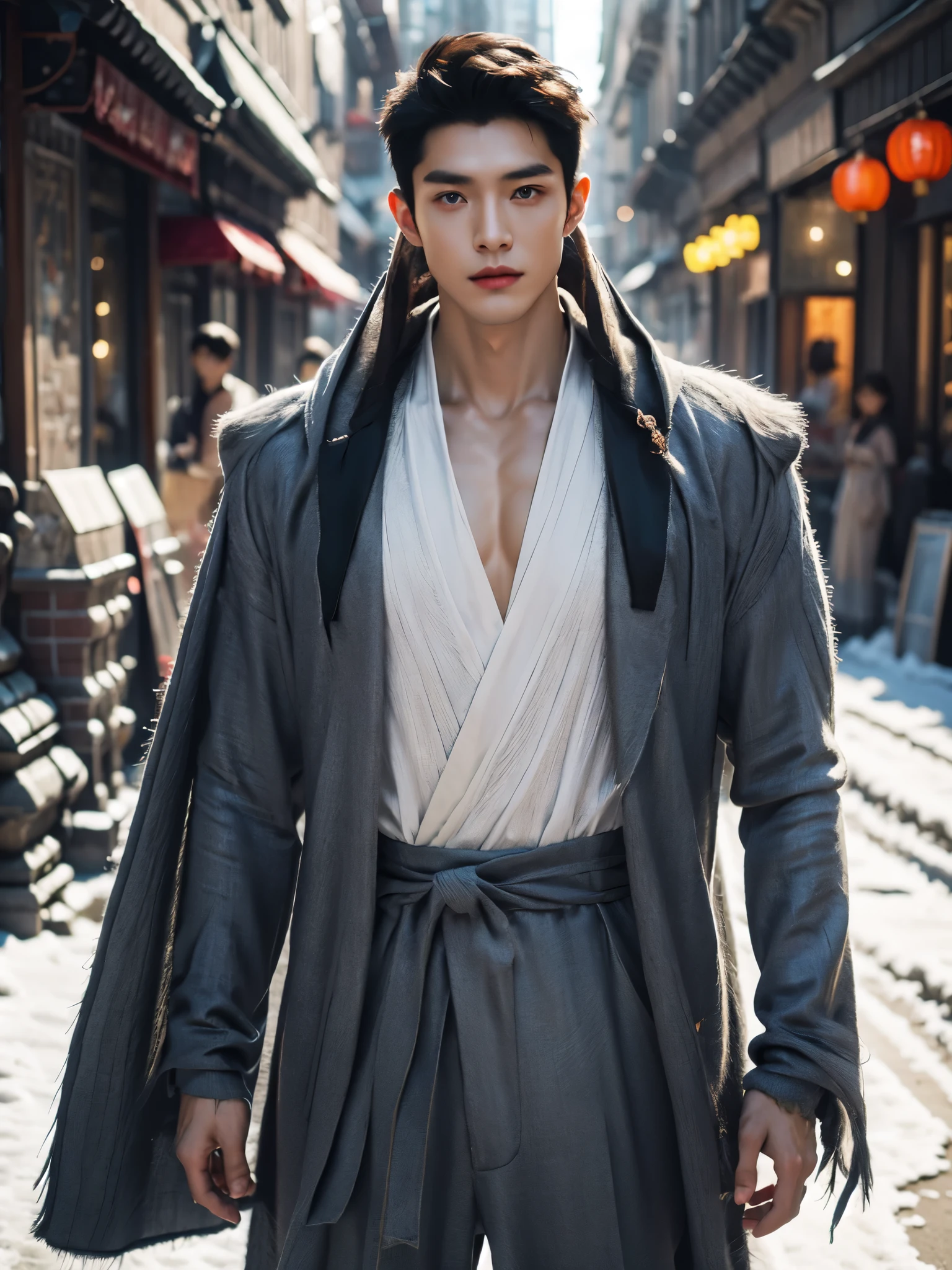 conception de personnages masculins），（Pan An, un bel homme chinois mélancolique, regarde la caméra：1.37），（Pan An porte des hommes modernes et à la mode&#39;pantalon de costume pull bleu s：1.37），La peau de Pan An est claire et impeccable，L&#39;arête de son nez est haute et droite，(Long,Cheveux châle en désordre：1.1），（double paupières, yeux pétillants, De grands yeux clairs et brillants），prince triste，Nourriture aux lèvres rouges et aux dents blanches，douce mélancolie，Pan An est grand et grand.，Il a un physique fort，muscles toniques，Des abdominaux frais et toniques, Ses traits exquis du visage，Style royal， cheveux noirs en désordre,magie du vent, arrière-plan：Scène de nuit de rue urbaine bleue，neige，