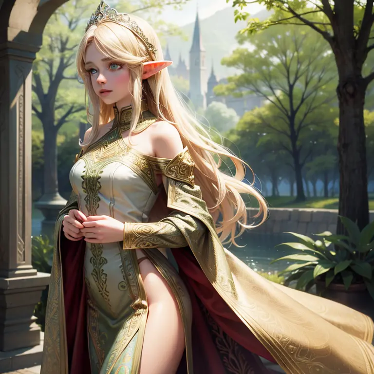 filigree，Realistic，1 girl ，solo，long blonde hair，green eyes，Elf Princess，delicate features，